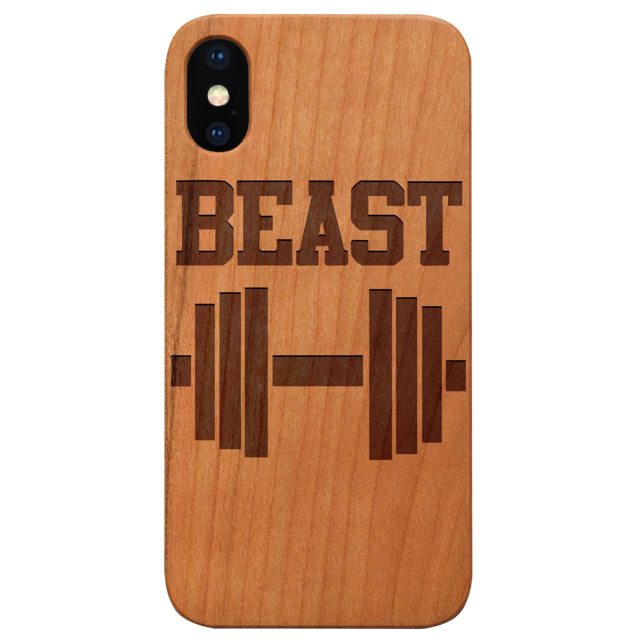 Beast - Engraved wooden phone case showcasing unique laser-engraved design and natural wood finish.