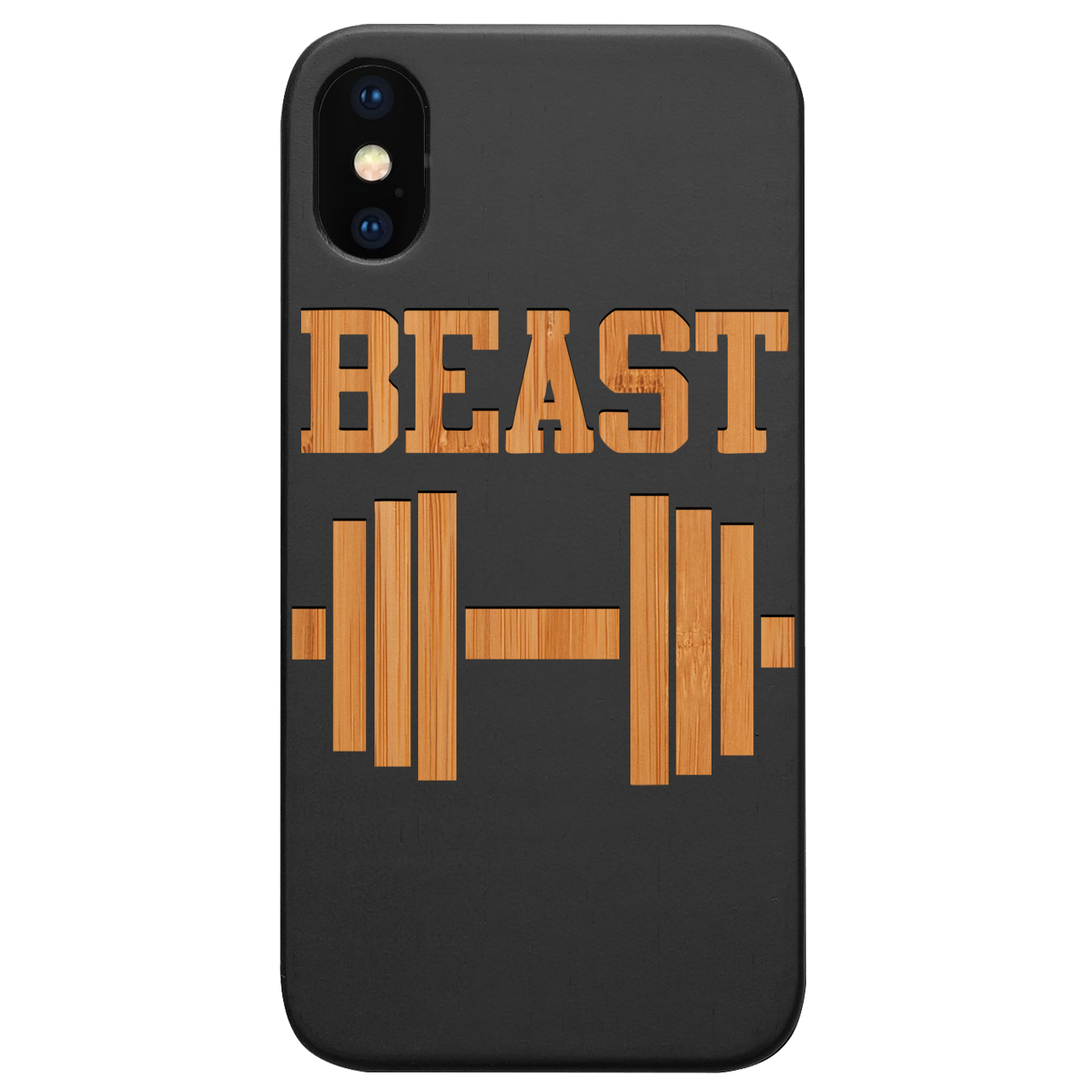 Beast - Engraved wooden phone case showcasing unique laser-engraved design and natural wood finish.