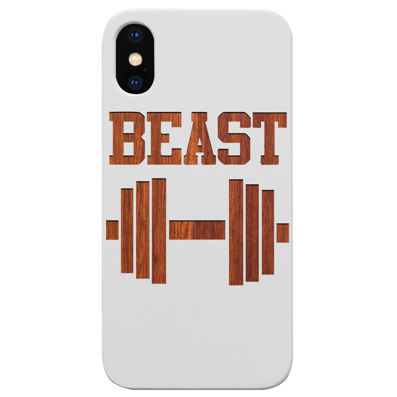 Beast - Engraved wooden phone case showcasing unique laser-engraved design and natural wood finish.