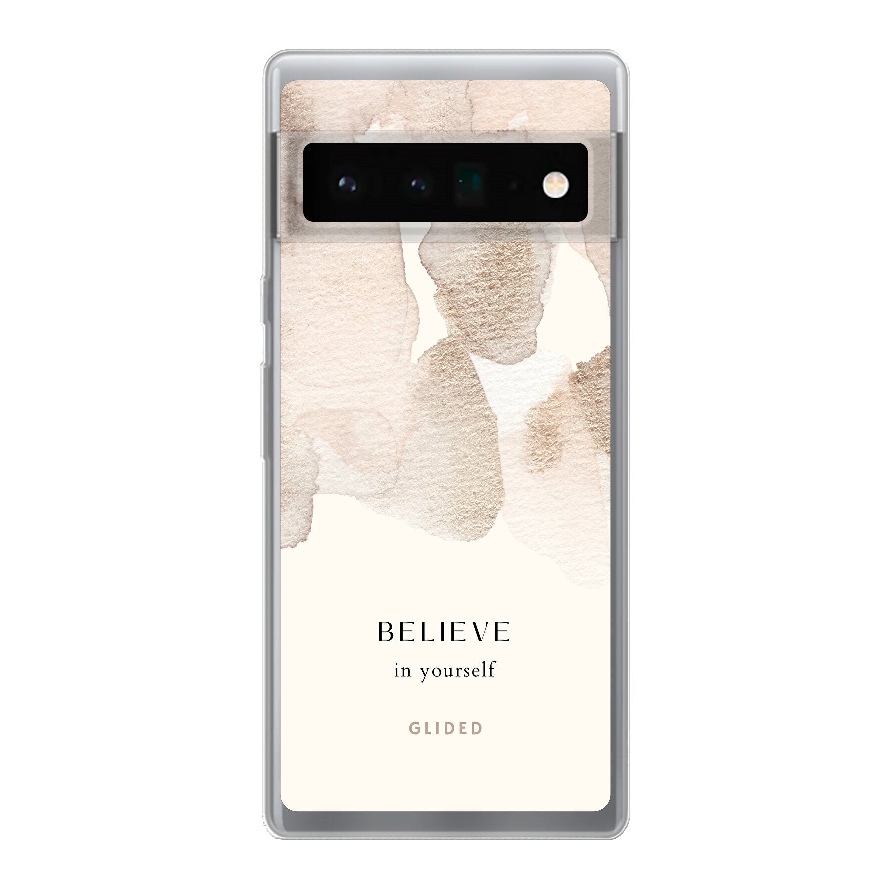 Inspirierende 'Believe in Yourself' Handyhülle für Google Pixel 6 Pro mit Aquarellfarbklecksen und motivierender Botschaft.