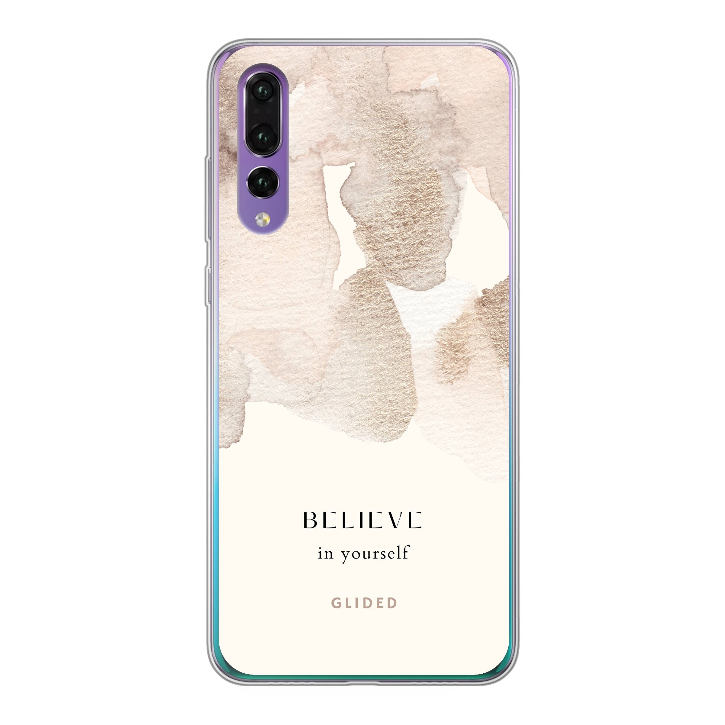 Huawei P30 Handyhülle mit inspirierender Botschaft 'Believe in Yourself' und sanften Aquarellfarbklecksen, die Kreativität und Motivation ausstrahlen.