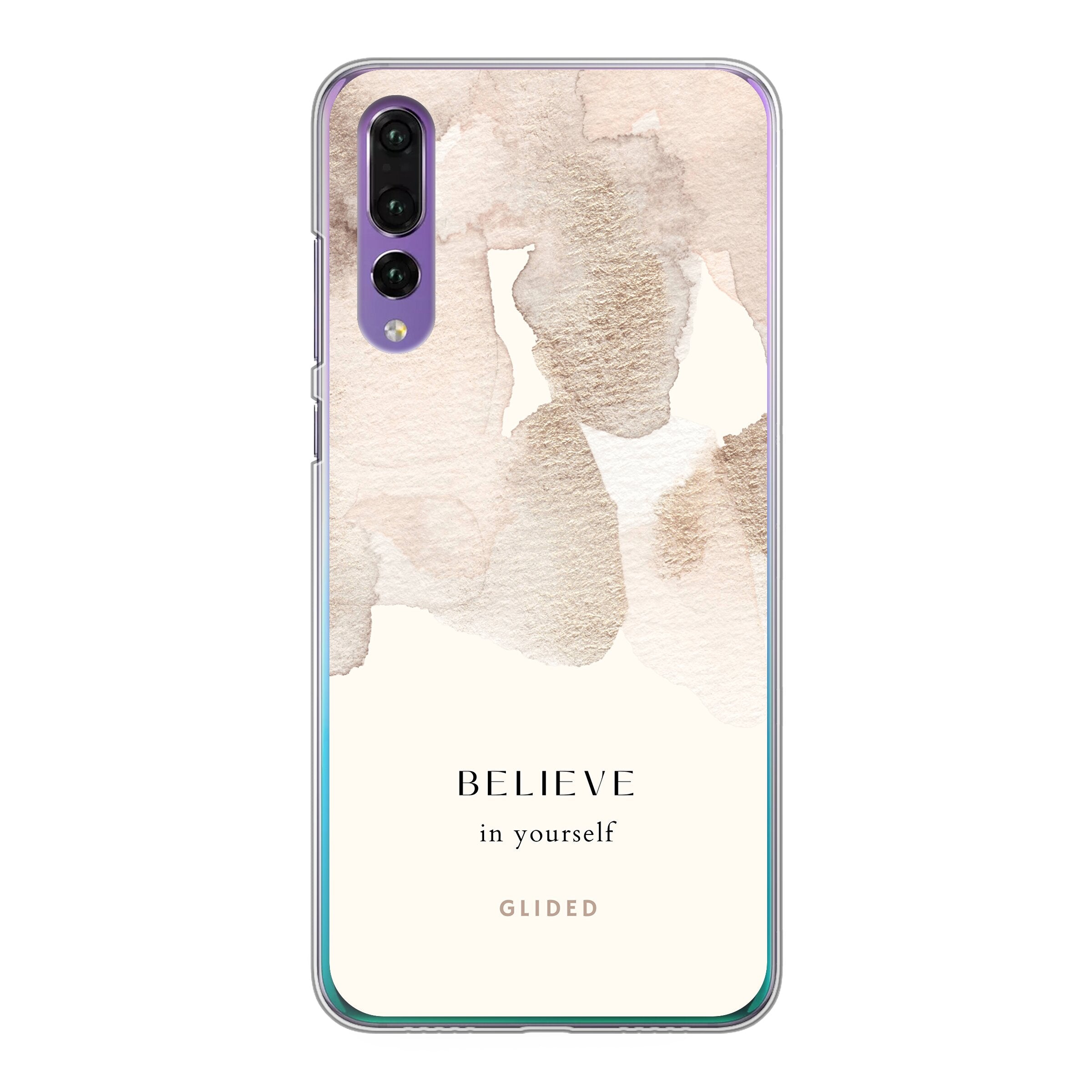 Huawei P30 Handyhülle mit inspirierender Botschaft 'Believe in Yourself' und sanften Aquarellfarbklecksen, die Kreativität und Motivation ausstrahlen.