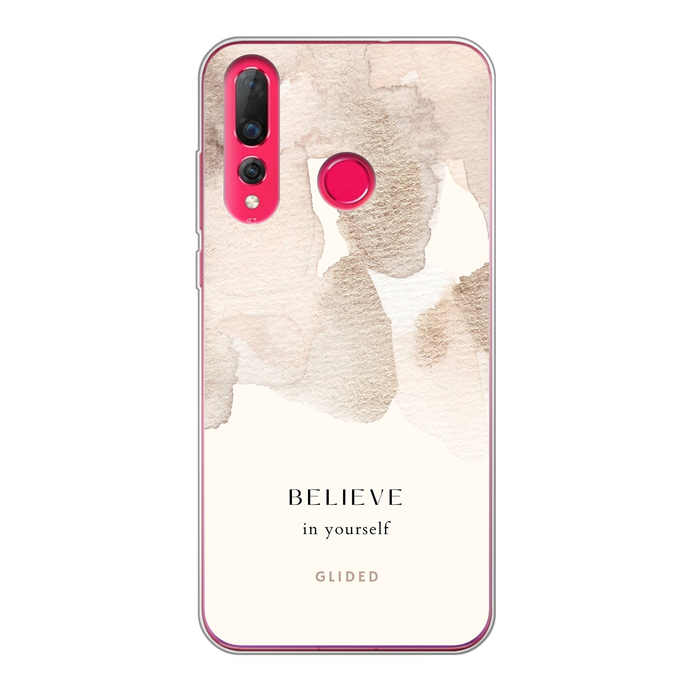 Huawei P30 Lite Handyhülle mit Aquarell-Design und inspirierender Botschaft 'Believe in Yourself'.