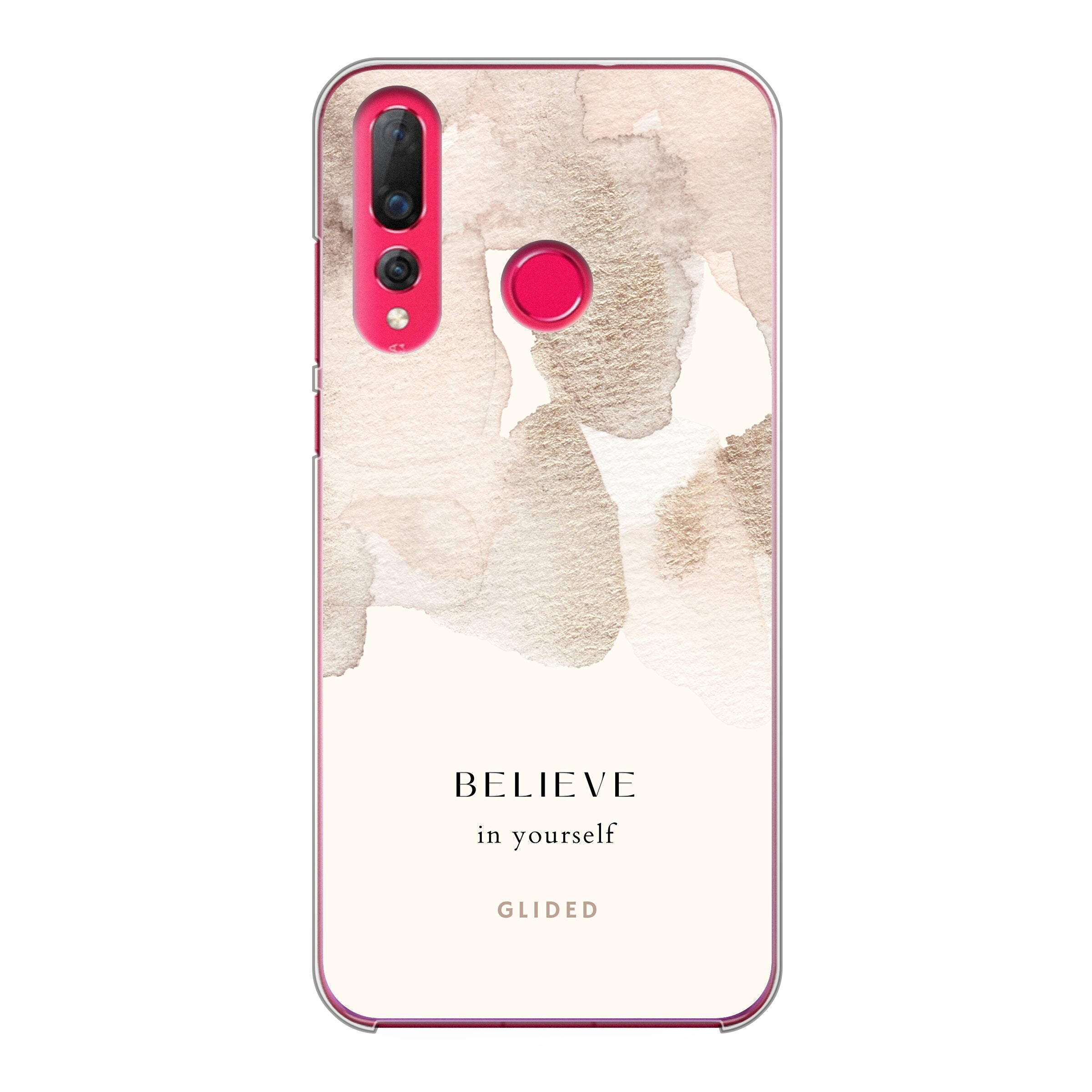 Huawei P30 Lite Handyhülle mit Aquarell-Design und inspirierender Botschaft 'Believe in Yourself'.