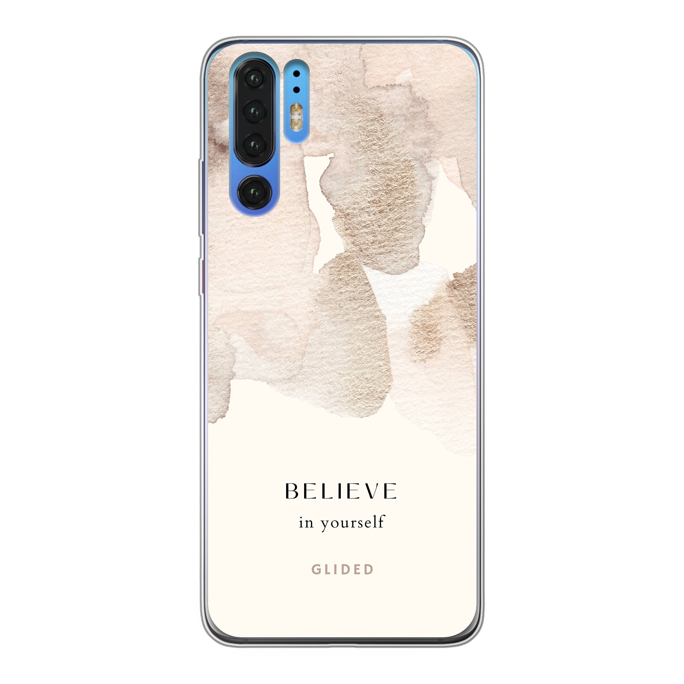 Huawei P30 Pro Handyhülle mit inspirierender Botschaft 'Believe in Yourself' und sanften Aquarellfarbklecksen, idealer Schutz und Motivation.