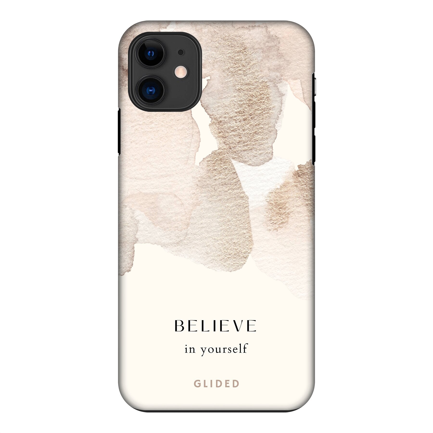 iPhone 11 Hülle mit der inspirierenden Botschaft 'Believe in Yourself' auf einem sanften Aquarellhintergrund, ideal für kreativen Schutz.