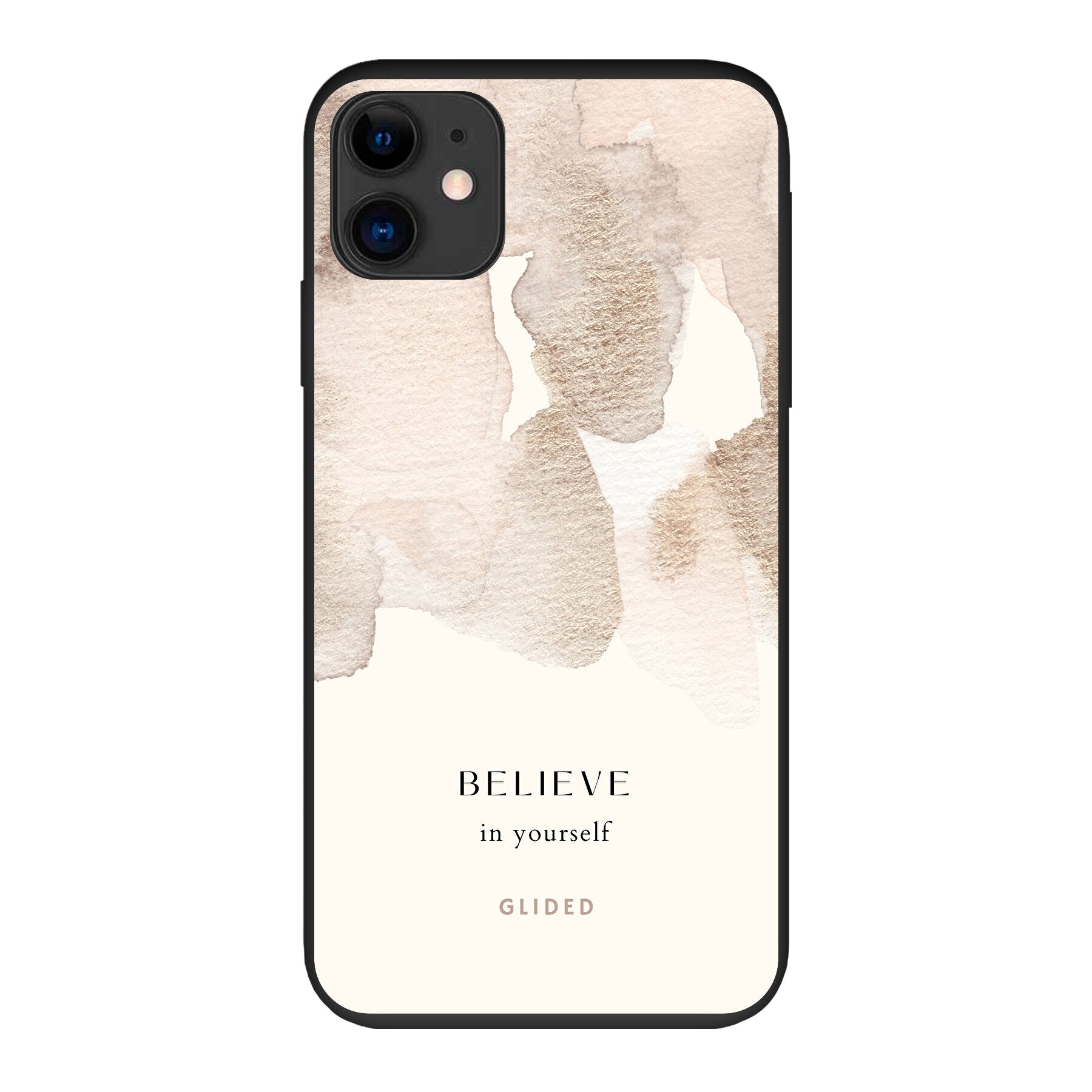 iPhone 11 Hülle mit der inspirierenden Botschaft 'Believe in Yourself' auf einem sanften Aquarellhintergrund, ideal für kreativen Schutz.