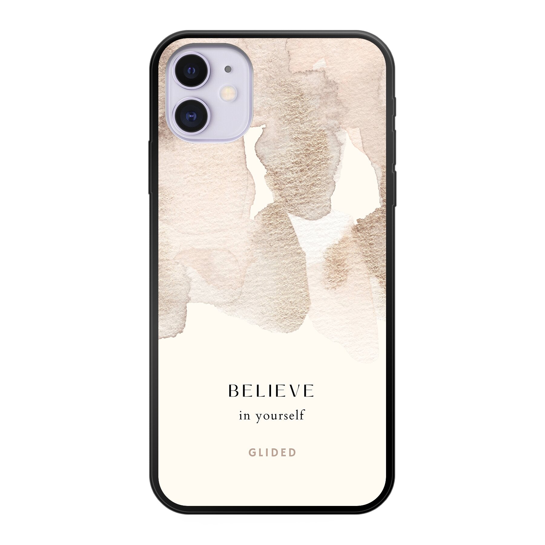 iPhone 11 Hülle mit der inspirierenden Botschaft 'Believe in Yourself' auf einem sanften Aquarellhintergrund, ideal für kreativen Schutz.