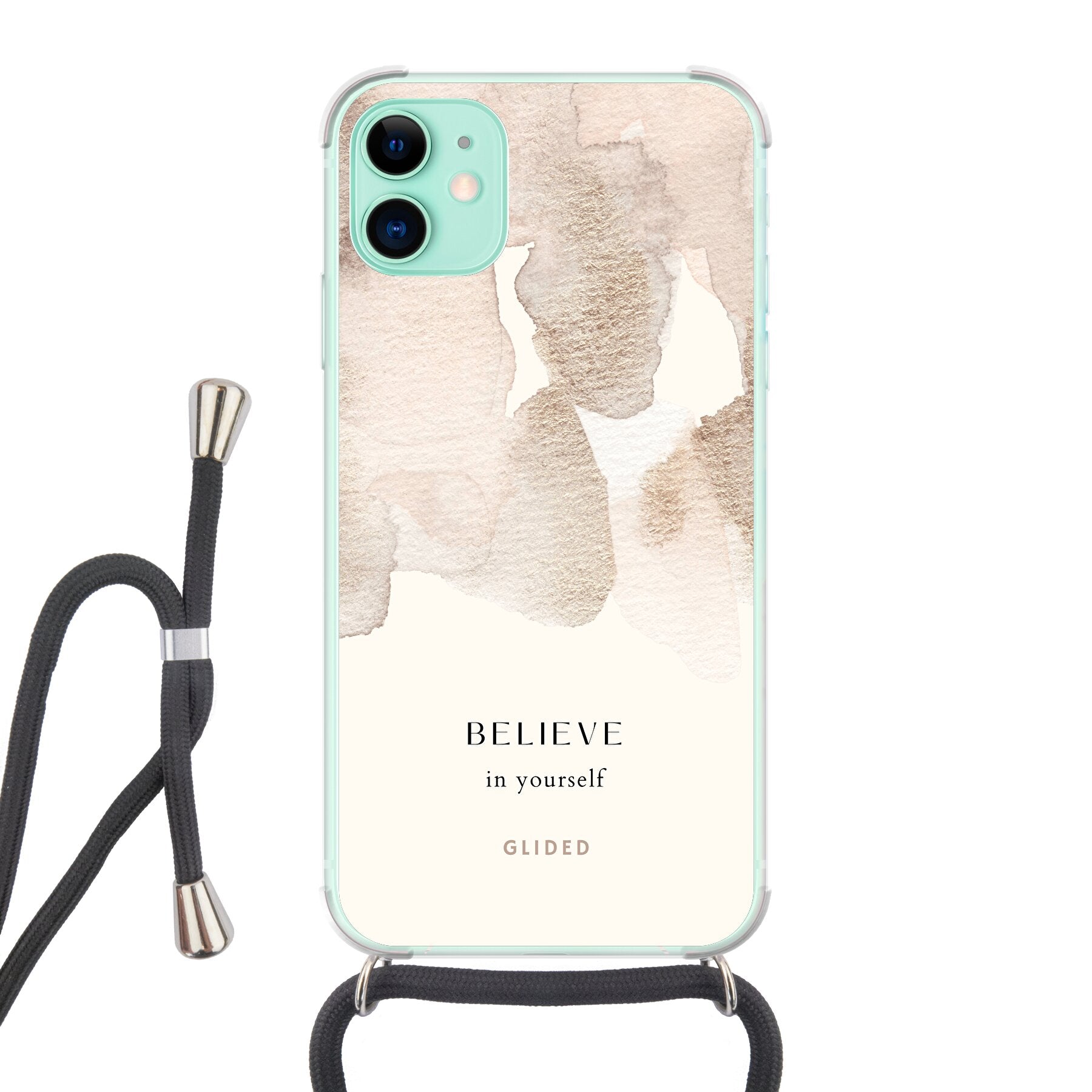 iPhone 11 Hülle mit der inspirierenden Botschaft 'Believe in Yourself' auf einem sanften Aquarellhintergrund, ideal für kreativen Schutz.
