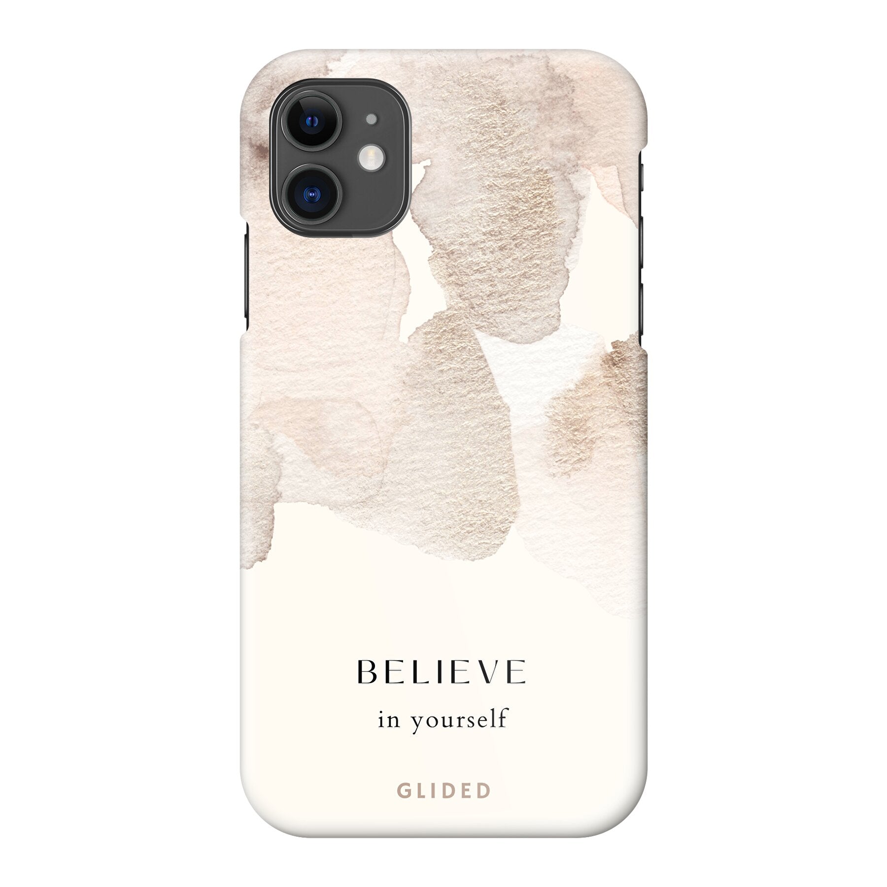 iPhone 11 Hülle mit der inspirierenden Botschaft 'Believe in Yourself' auf einem sanften Aquarellhintergrund, ideal für kreativen Schutz.