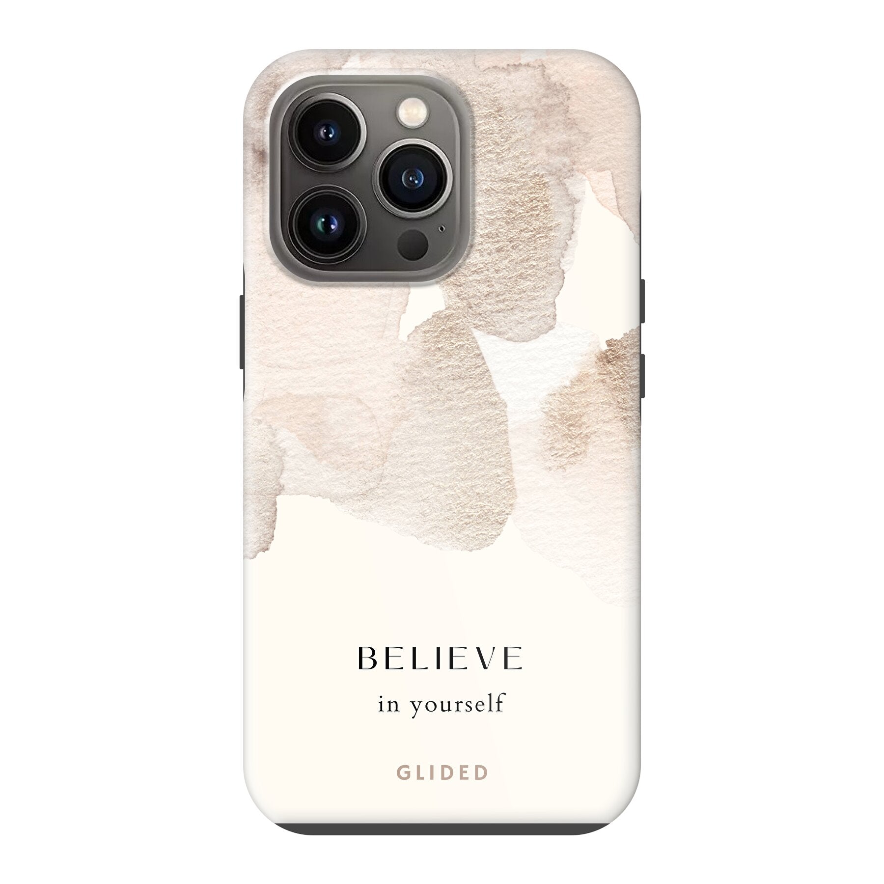 iPhone 13 Pro Handyhülle mit Aquarellfarben und der inspirierenden Botschaft 'Believe in Yourself', idealer Schutz und Motivation.
