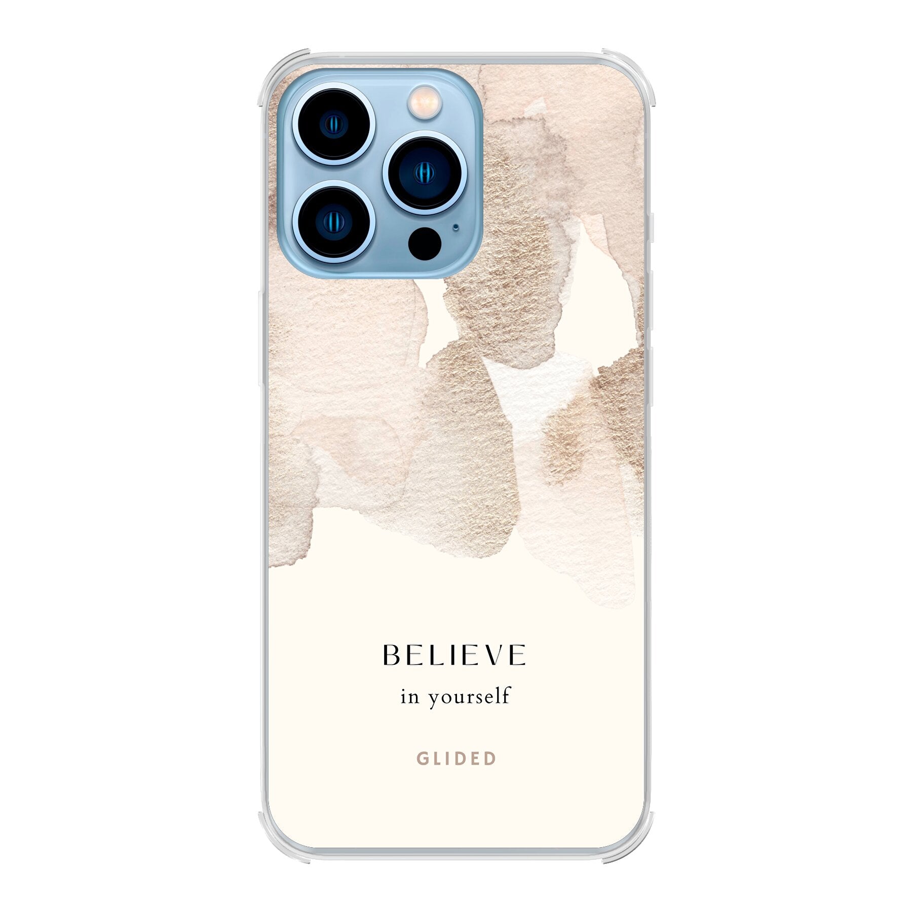 iPhone 13 Pro Handyhülle mit Aquarellfarben und der inspirierenden Botschaft 'Believe in Yourself', idealer Schutz und Motivation.