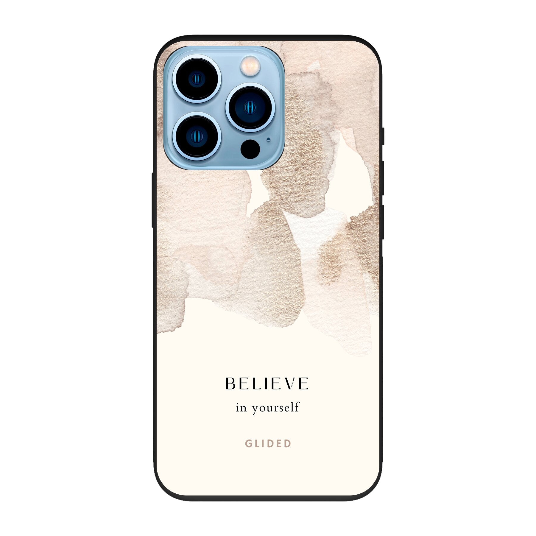 iPhone 13 Pro Handyhülle mit Aquarellfarben und der inspirierenden Botschaft 'Believe in Yourself', idealer Schutz und Motivation.