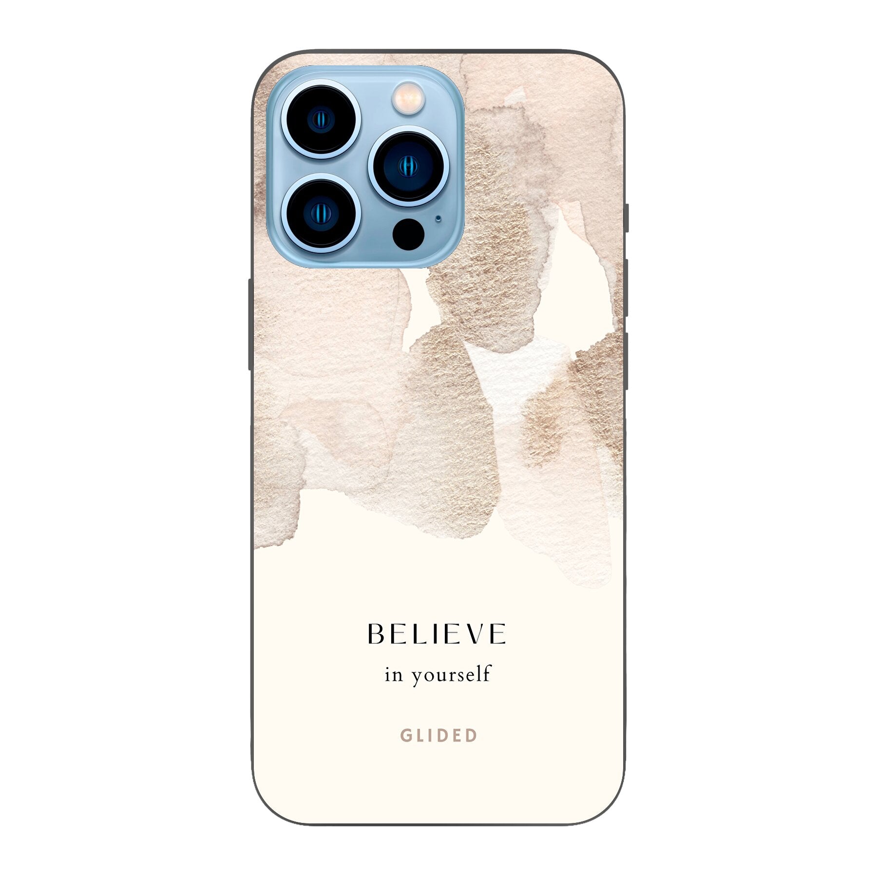 iPhone 13 Pro Handyhülle mit Aquarellfarben und der inspirierenden Botschaft 'Believe in Yourself', idealer Schutz und Motivation.