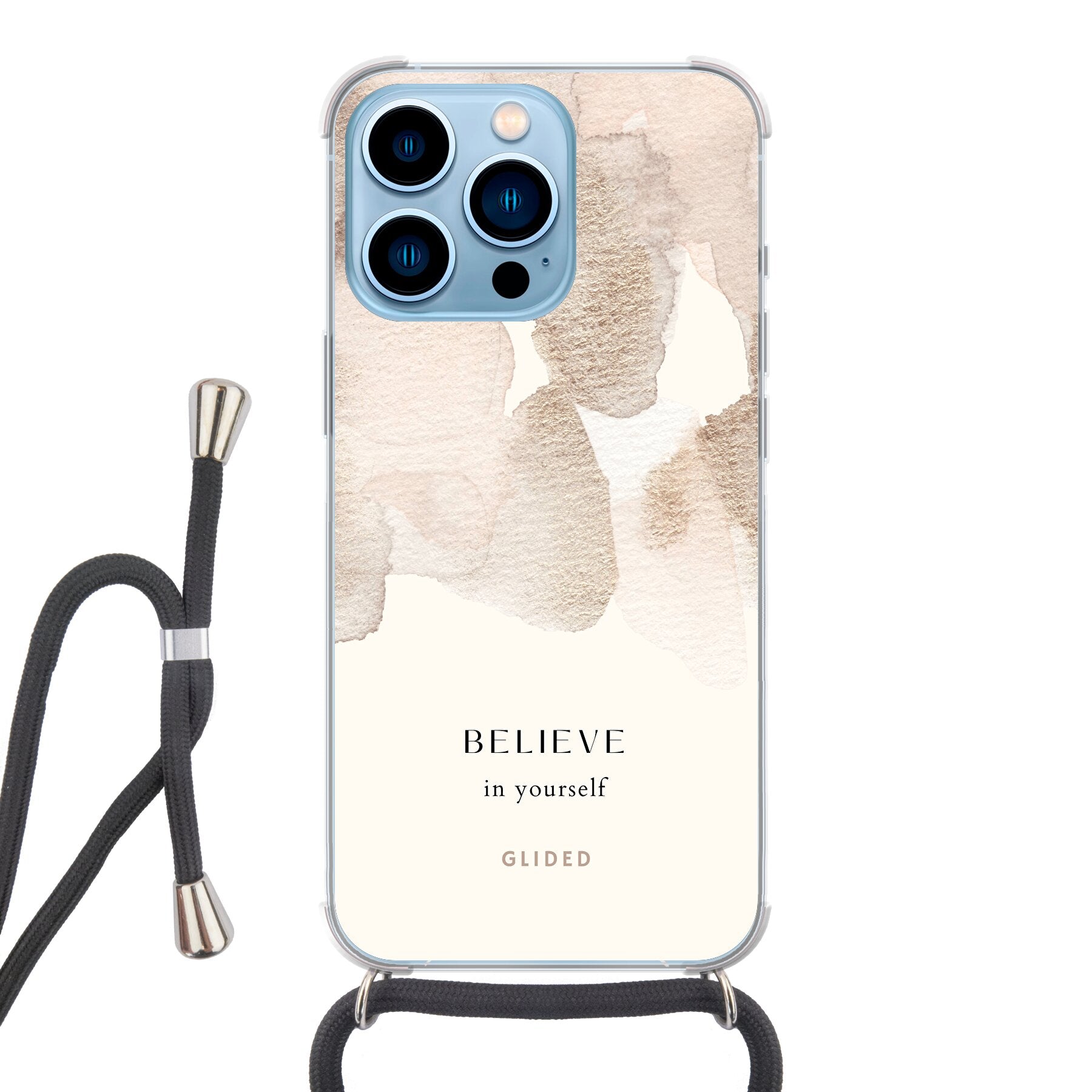 iPhone 13 Pro Handyhülle mit Aquarellfarben und der inspirierenden Botschaft 'Believe in Yourself', idealer Schutz und Motivation.