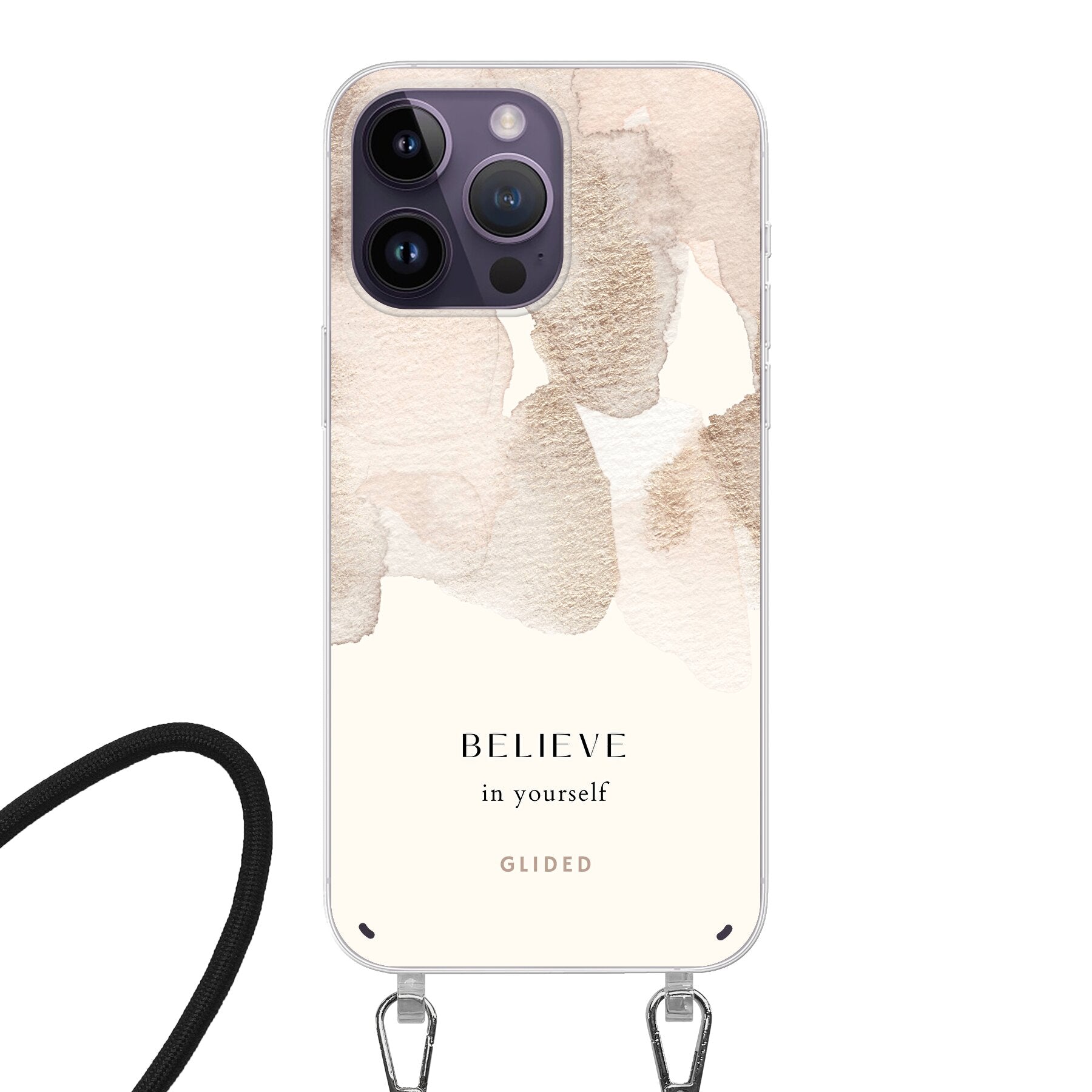 iPhone 14 Pro Hülle mit Aquarell-Design und inspirierender Botschaft 'Believe in Yourself', idealer Schutz und Motivation.