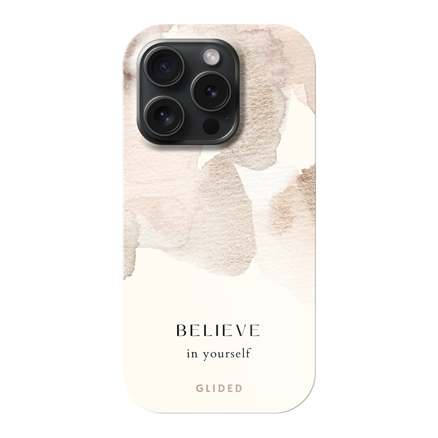 Inspirierende 'Believe in Yourself' Handyhülle für iPhone 15 Pro mit Aquarellfarbklecksen und motivierender Botschaft.