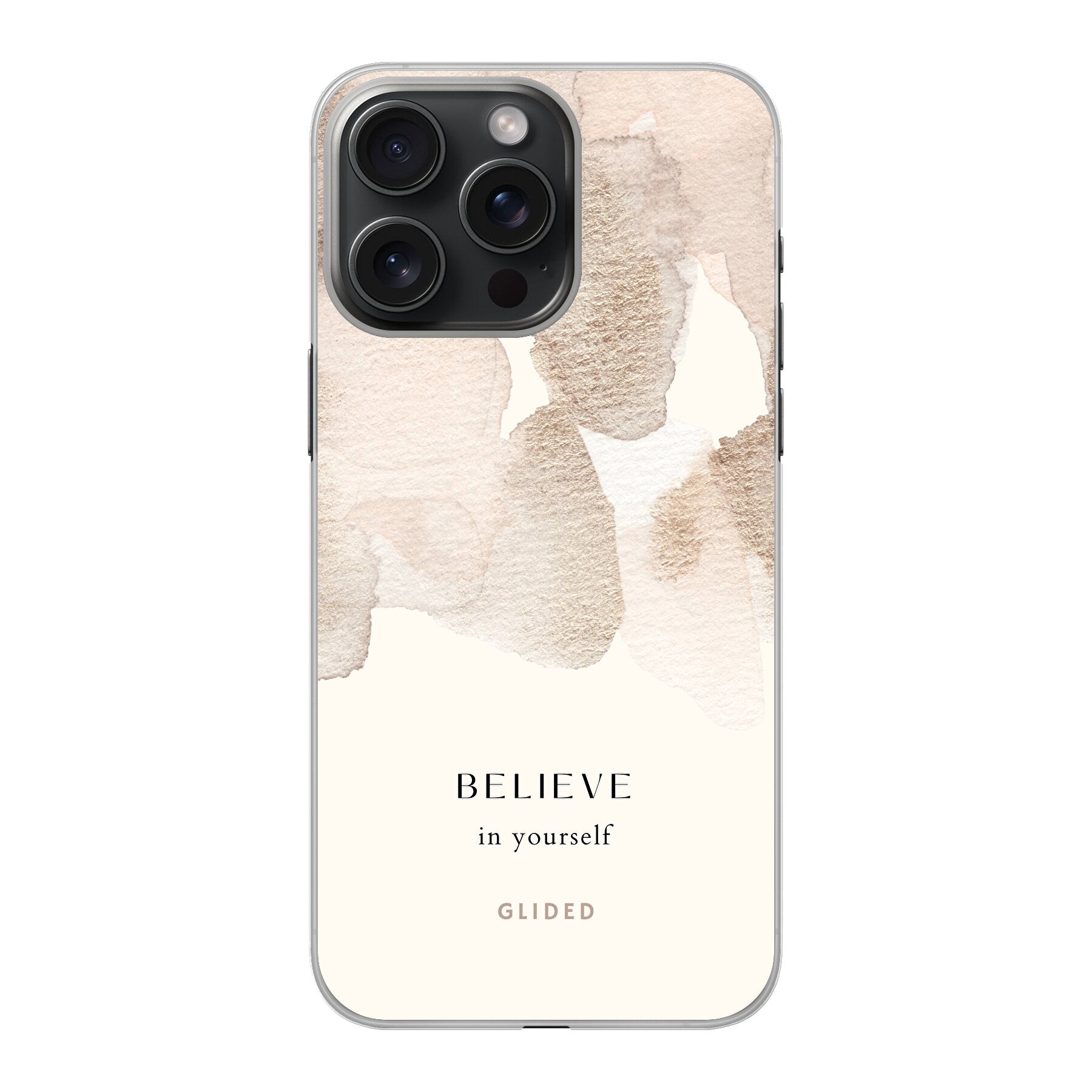 Inspirierende 'Believe in Yourself' Handyhülle für iPhone 15 Pro mit Aquarellfarbklecksen und motivierender Botschaft.