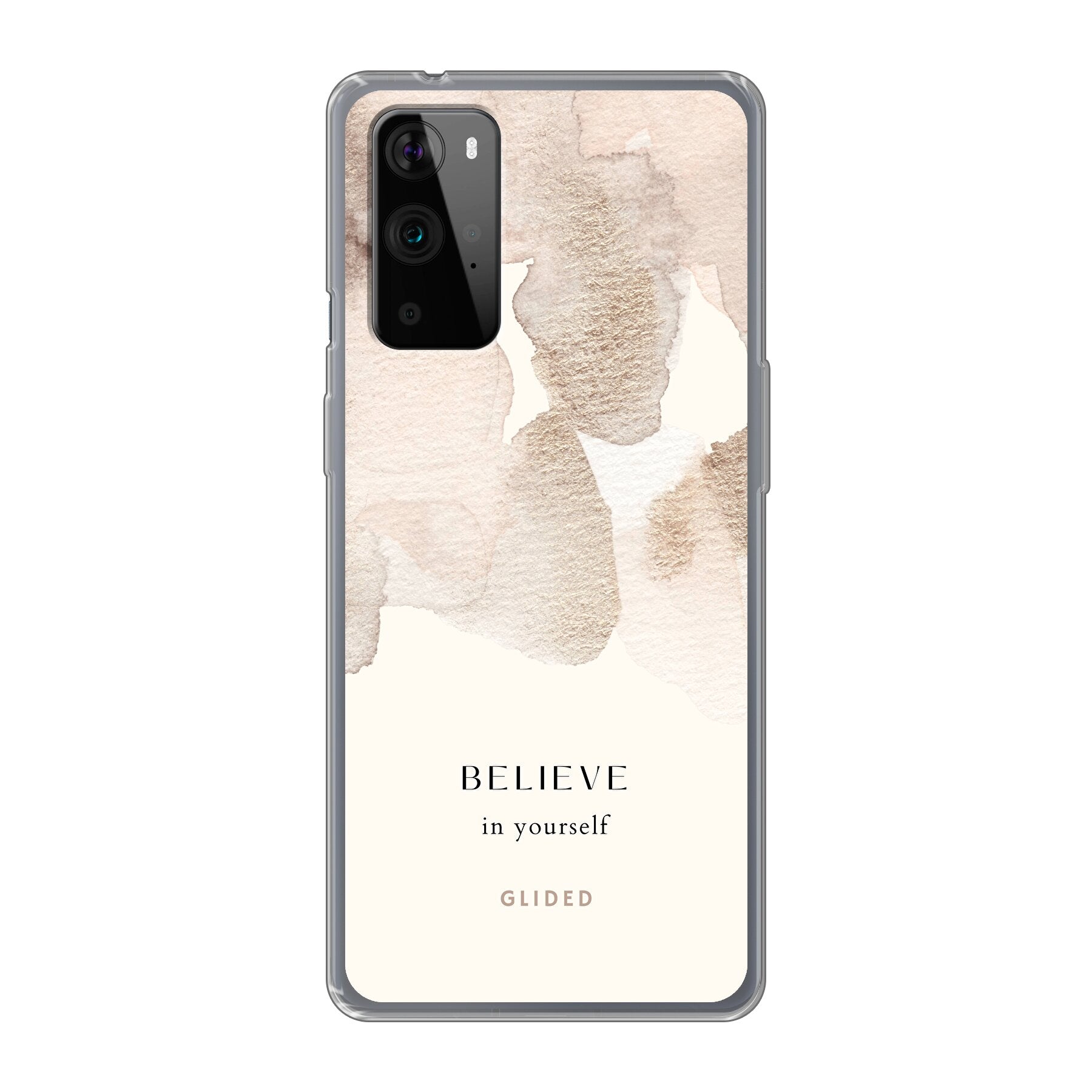OnePlus 9 Pro Handyhülle mit inspirierender Botschaft 'Believe in Yourself' und sanften Aquarellfarbklecksen, idealer Schutz und Motivation.