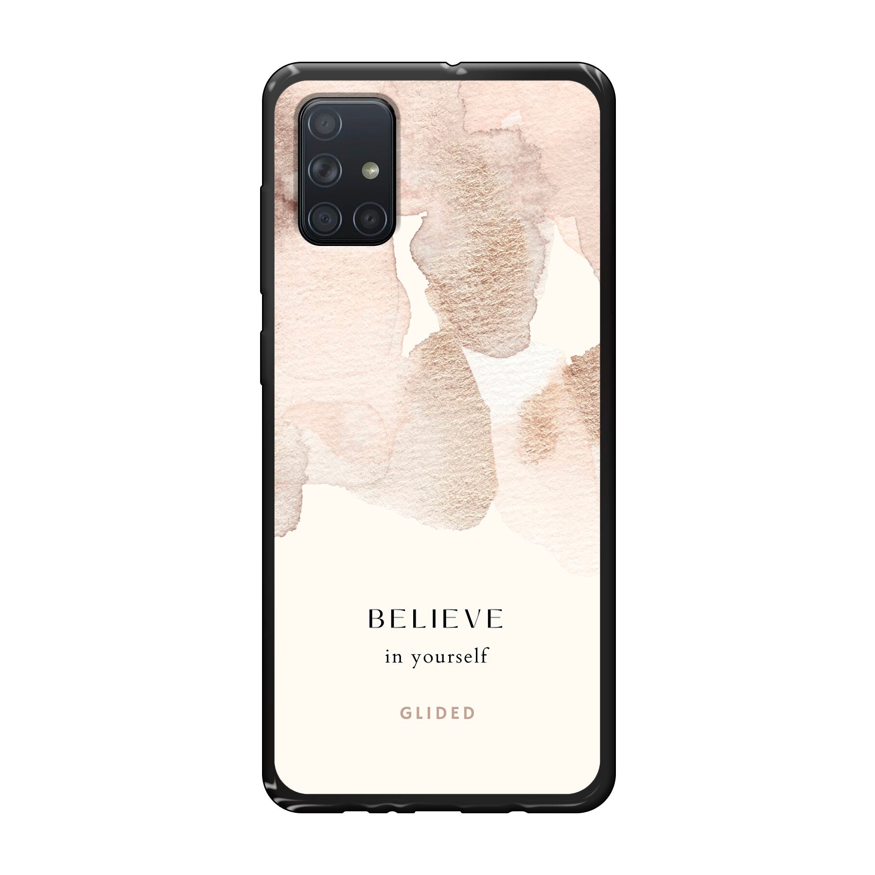 Samsung Galaxy A71 Handyhülle mit Aquarell-Design und inspirierender Botschaft 'Believe in Yourself'.