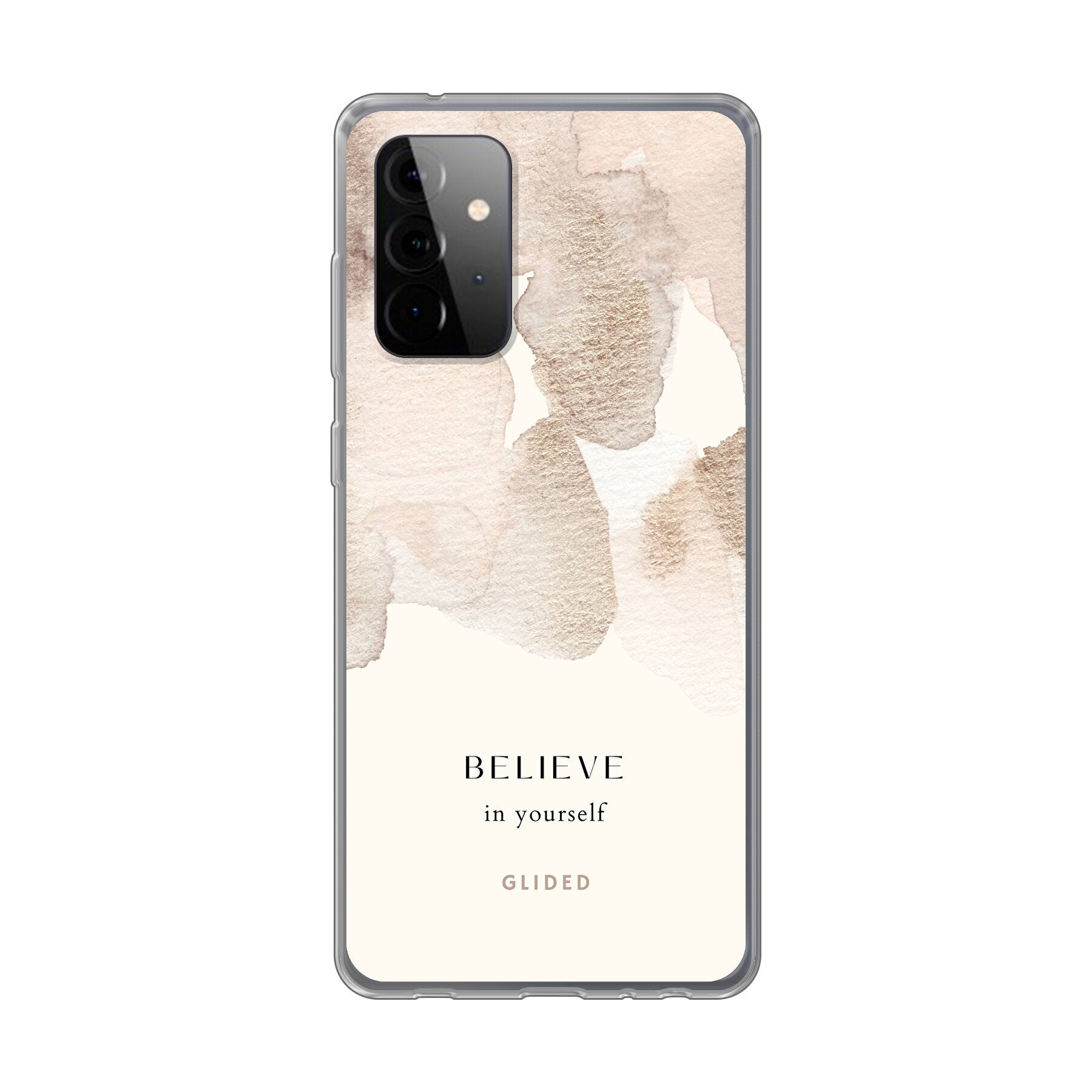 Samsung Galaxy A72 5G Handyhülle mit inspirierender Botschaft 'Believe in Yourself' und sanften Aquarellfarbklecksen.