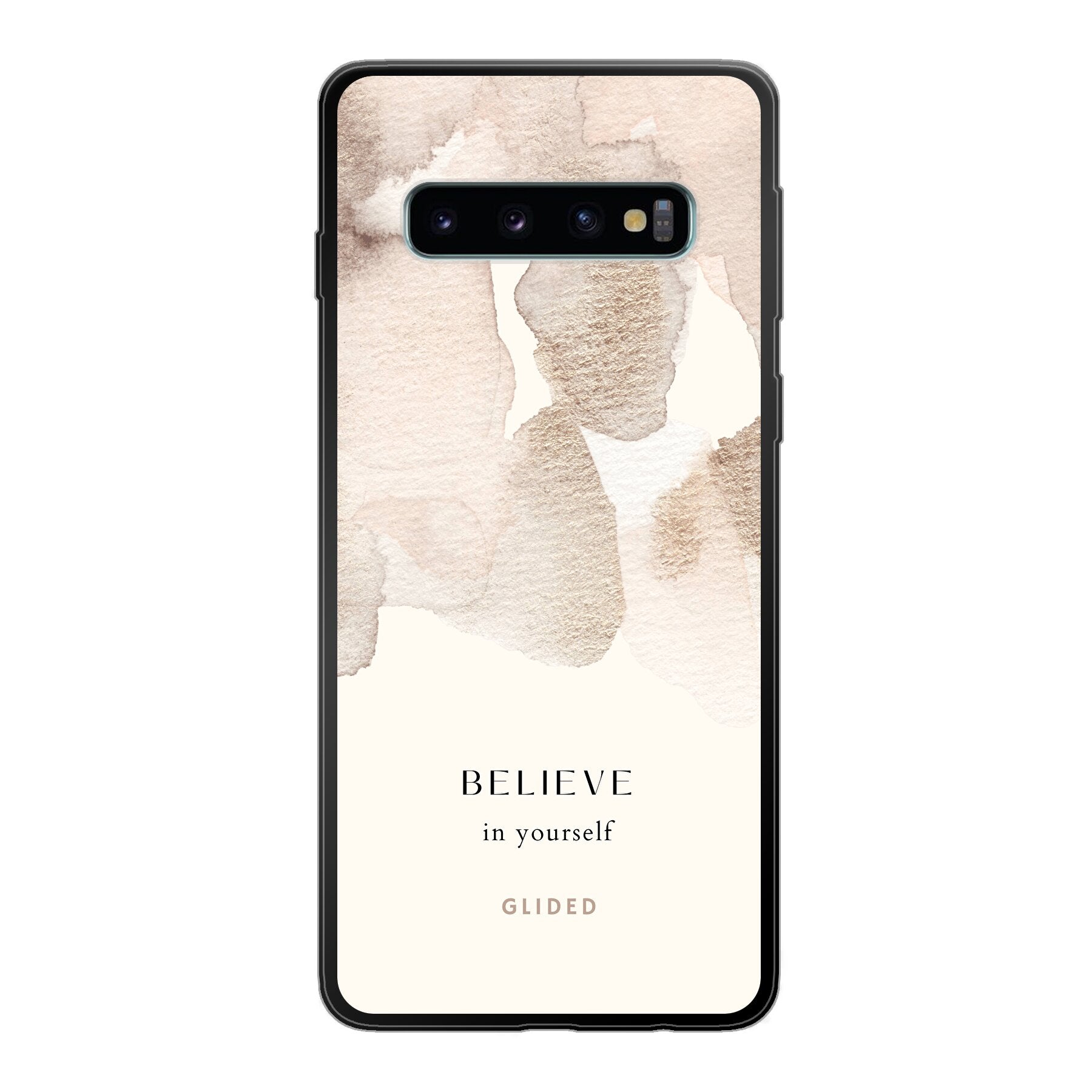 Samsung Galaxy S10 Handyhülle mit inspirierender Botschaft 'Believe in Yourself' auf Aquarell-Hintergrund, idealer Schutz und Motivation.