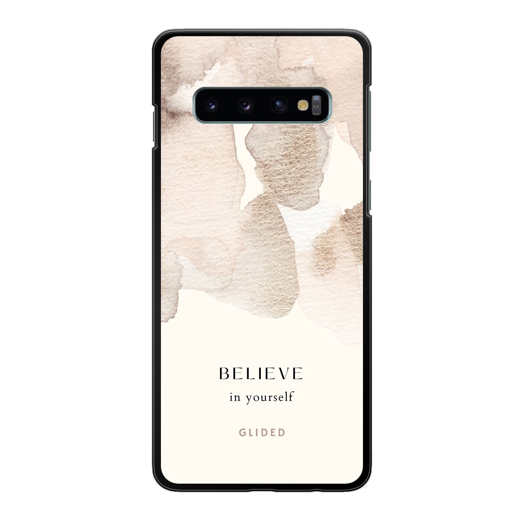 Samsung Galaxy S10 Handyhülle mit inspirierender Botschaft 'Believe in Yourself' auf Aquarell-Hintergrund, idealer Schutz und Motivation.
