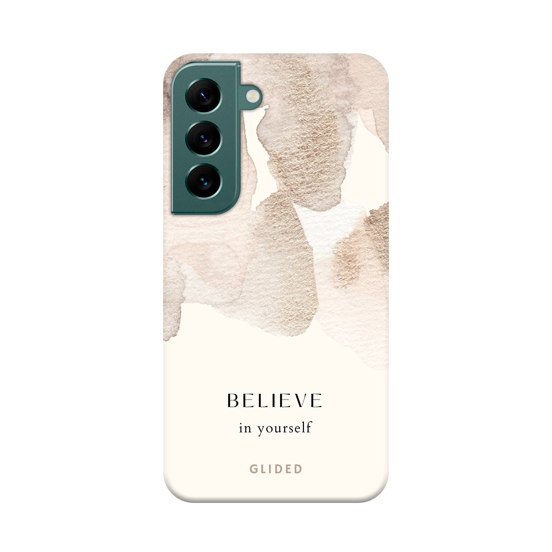 Samsung Galaxy S22 Handyhülle mit Aquarell-Design und inspirierender Botschaft 'Believe in Yourself'.