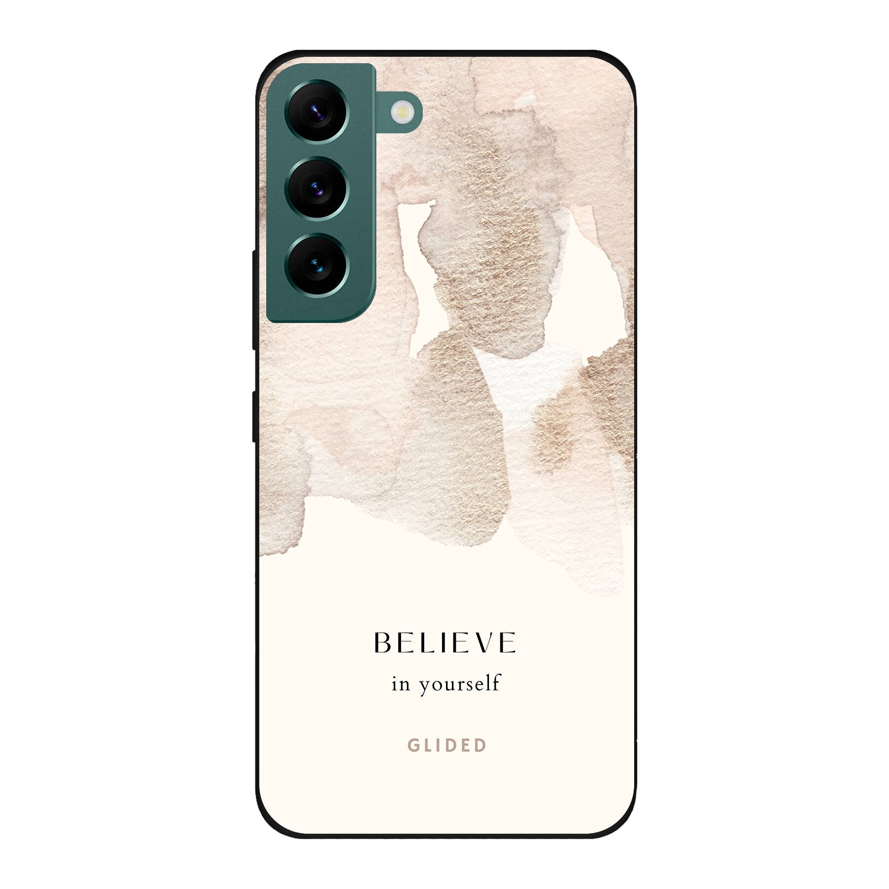 Samsung Galaxy S22 Handyhülle mit Aquarell-Design und inspirierender Botschaft 'Believe in Yourself'.