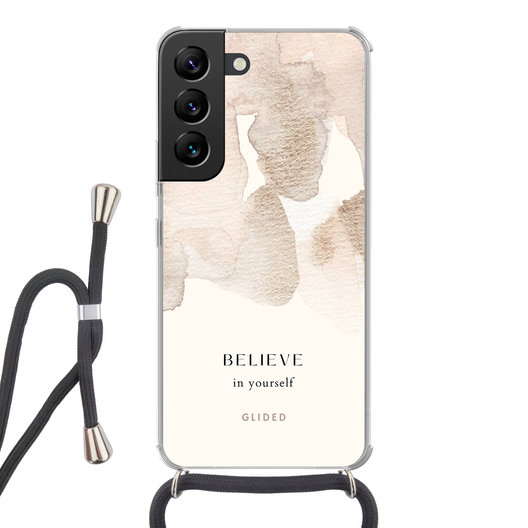 Samsung Galaxy S22 Handyhülle mit Aquarell-Design und inspirierender Botschaft 'Believe in Yourself'.