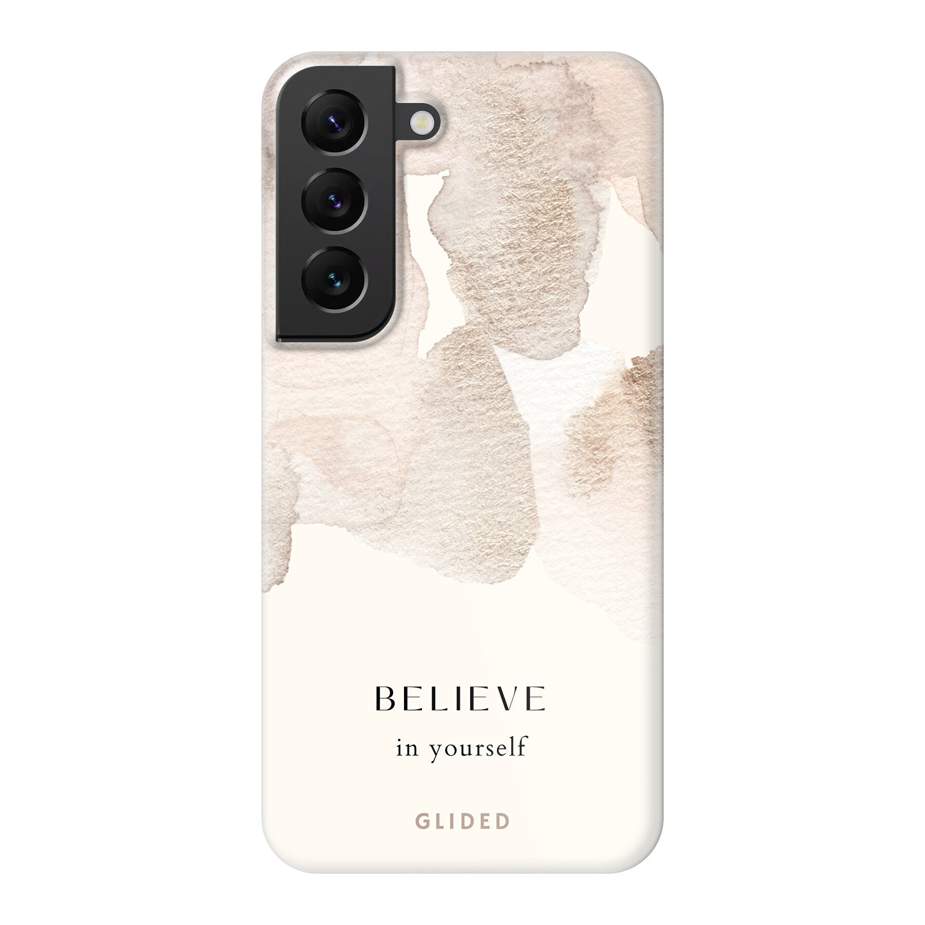 Samsung Galaxy S22 Handyhülle mit Aquarell-Design und inspirierender Botschaft 'Believe in Yourself'.