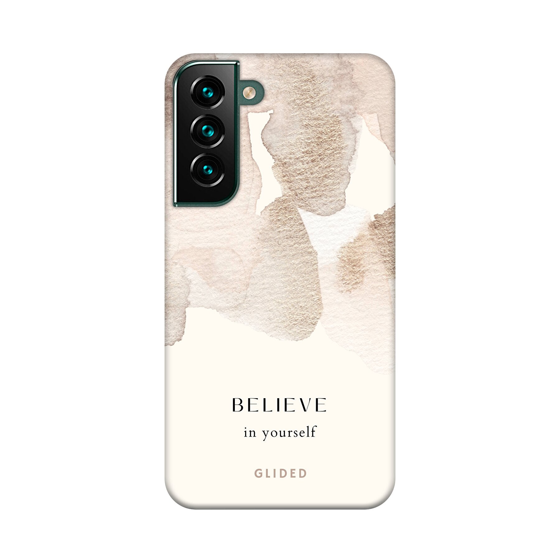 Samsung Galaxy S22 Plus Hülle mit Aquarell-Design und inspirierender Botschaft 'Believe in Yourself'.