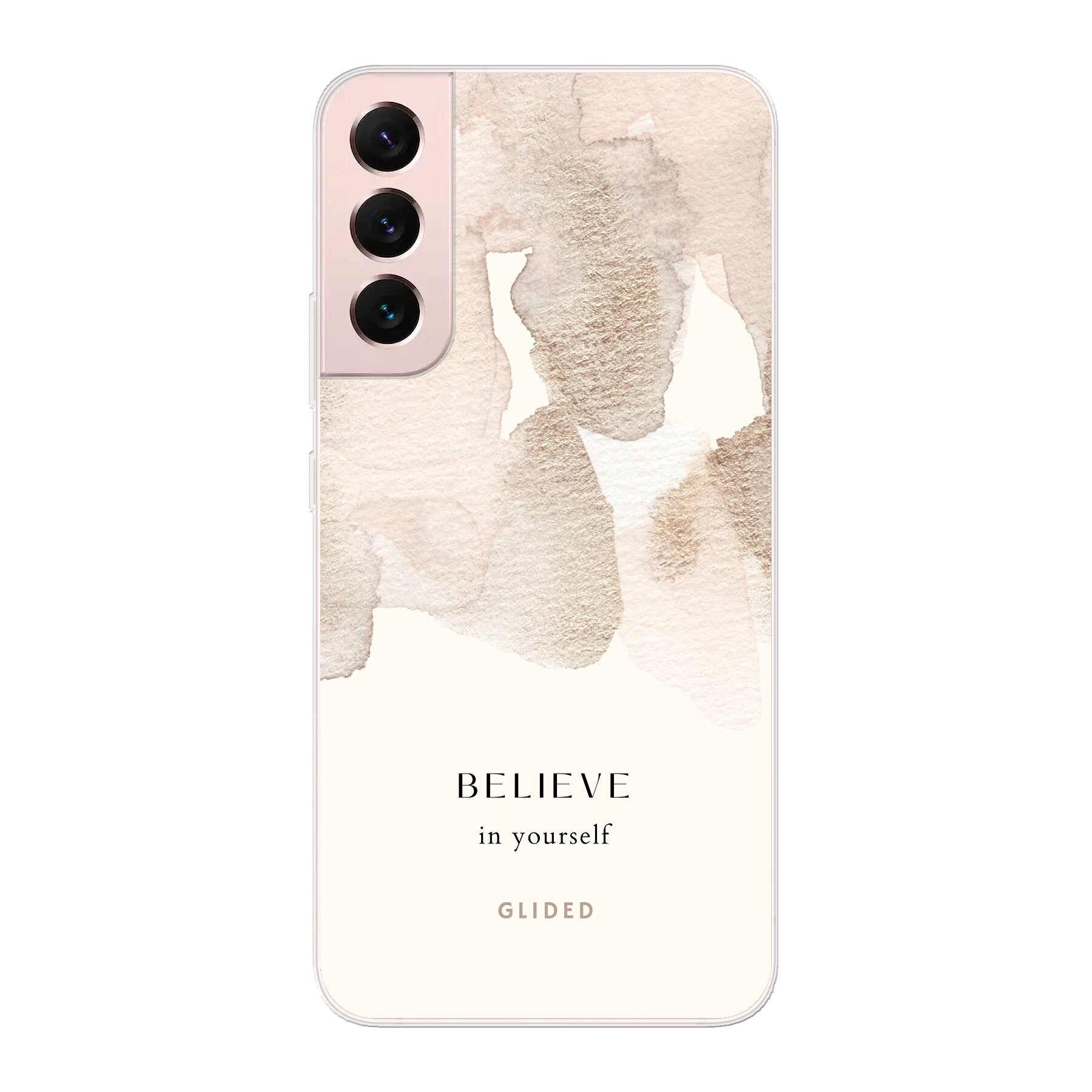 Samsung Galaxy S22 Plus Hülle mit Aquarell-Design und inspirierender Botschaft 'Believe in Yourself'.