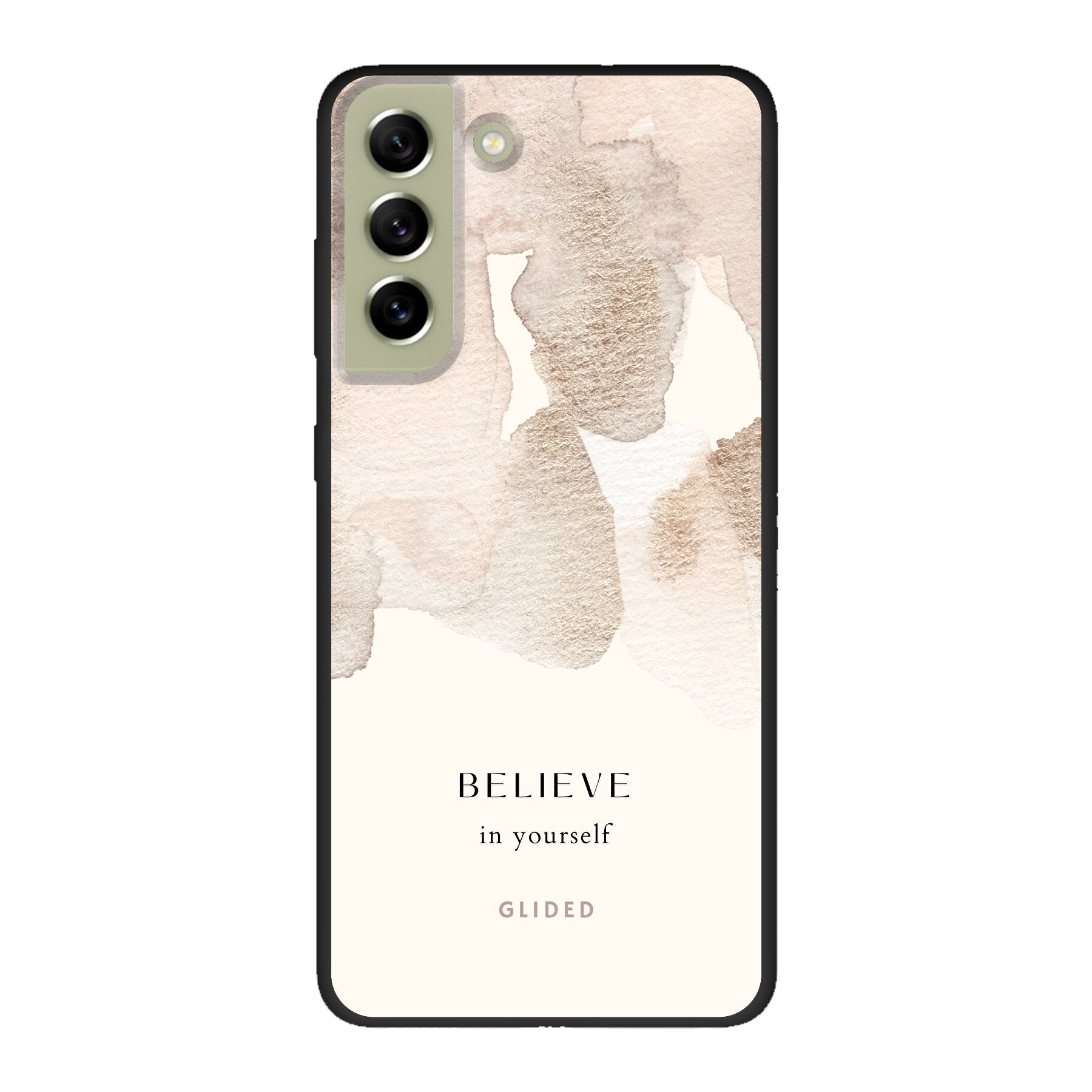 Samsung Galaxy S21 FE Handyhülle mit inspirierender Botschaft 'Believe in Yourself' und sanften Aquarellfarbklecksen.