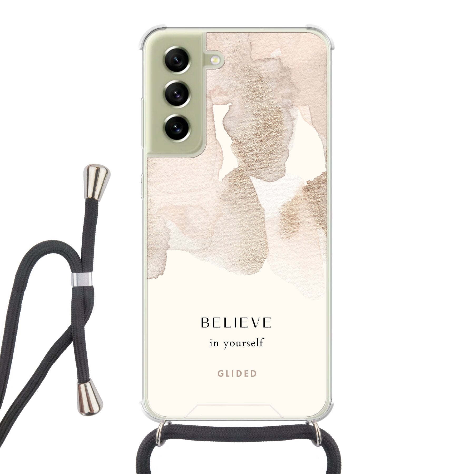 Samsung Galaxy S21 FE Handyhülle mit inspirierender Botschaft 'Believe in Yourself' und sanften Aquarellfarbklecksen.