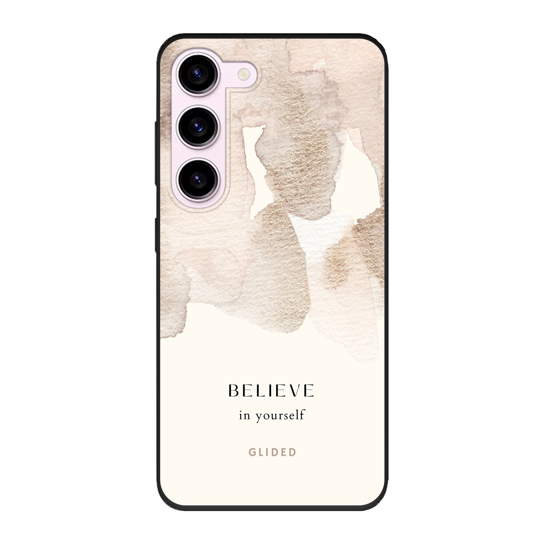Samsung Galaxy S23 Handyhülle mit Aquarell-Design und inspirierender Botschaft 'Believe in Yourself'.