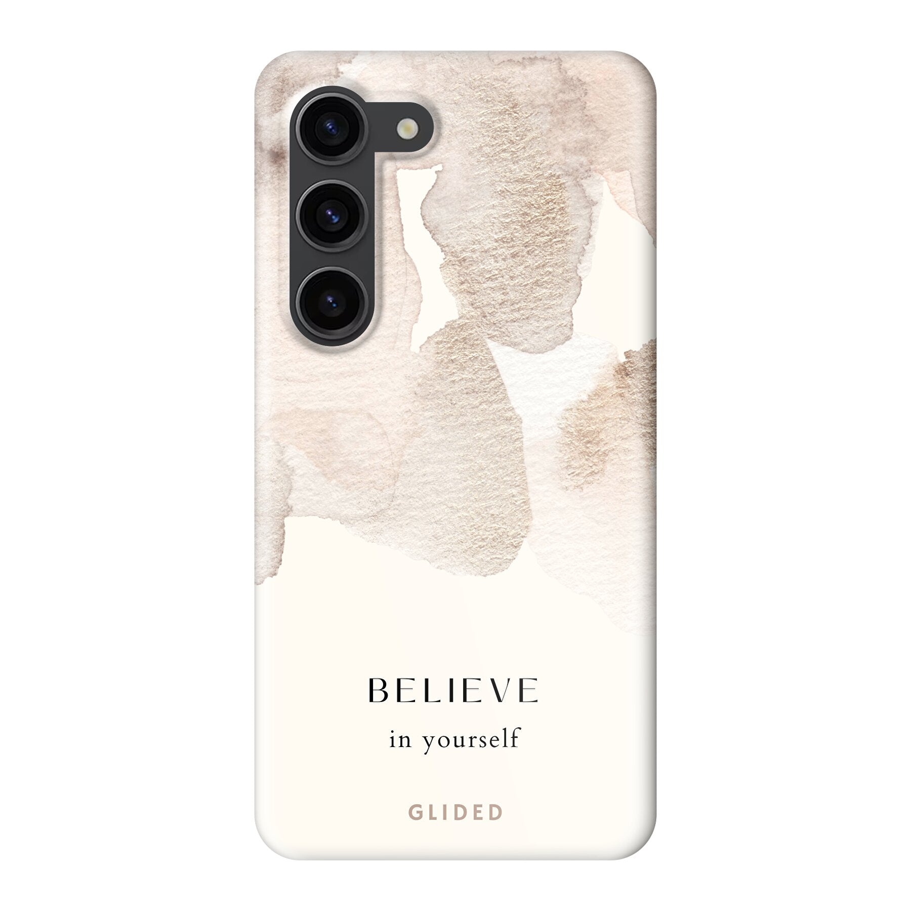 Samsung Galaxy S23 Handyhülle mit Aquarell-Design und inspirierender Botschaft 'Believe in Yourself'.