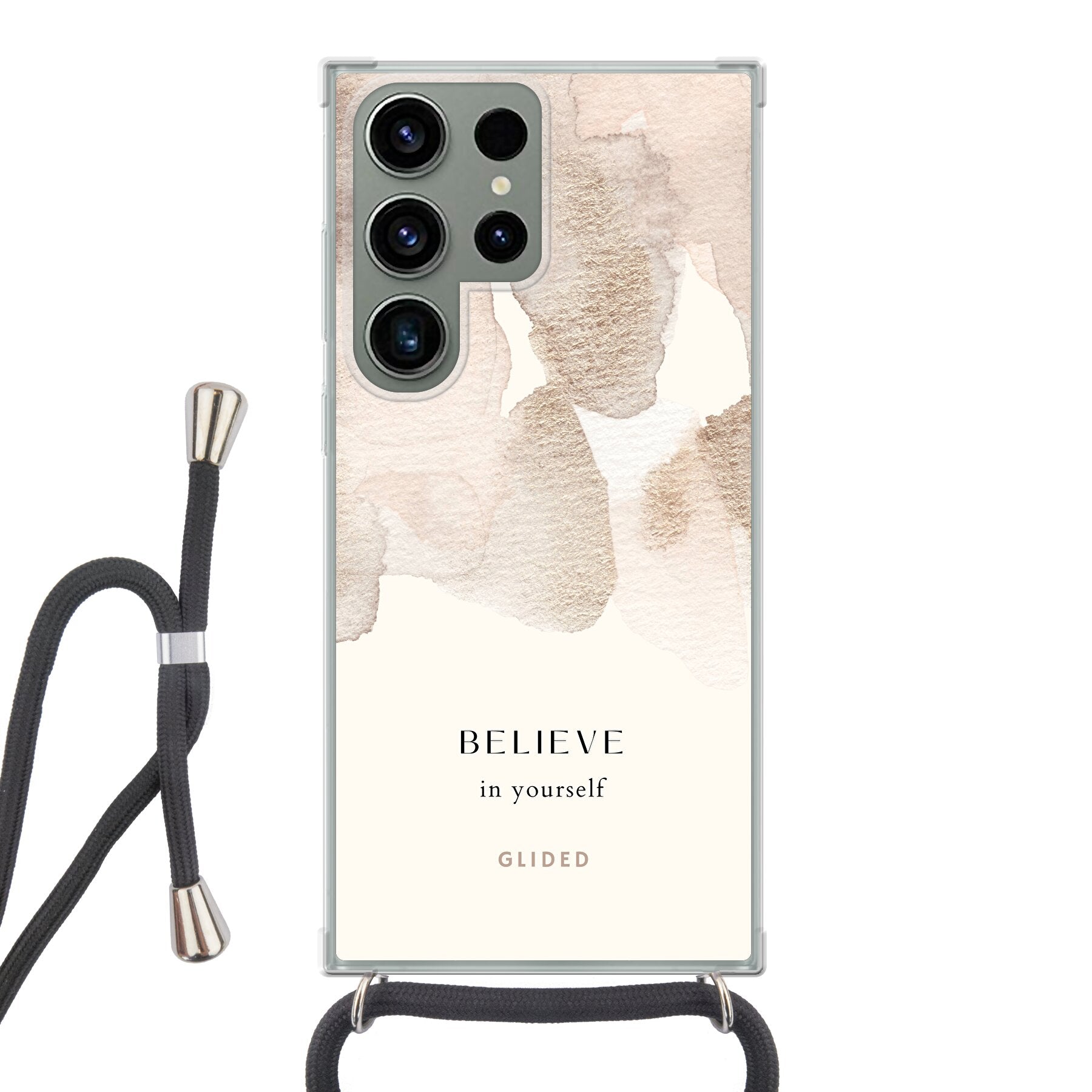 Samsung Galaxy S23 Ultra Handyhülle mit Aquarell-Design und inspirierender Botschaft 'Believe in Yourself'.