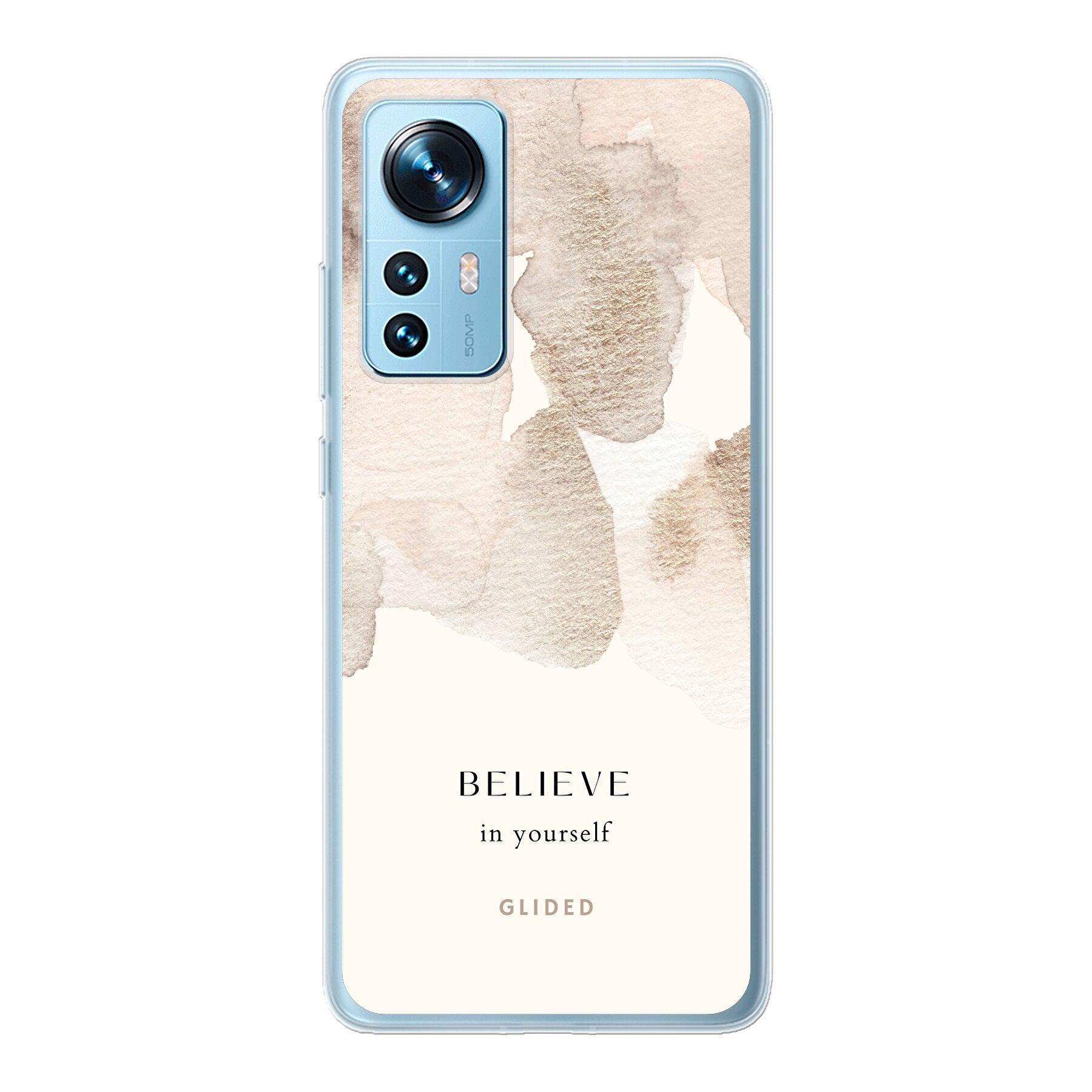 Xiaomi 12 Handyhülle mit inspirierender Botschaft 'Believe in Yourself' und sanften Aquarellfarbklecksen, idealer Schutz und Motivation.