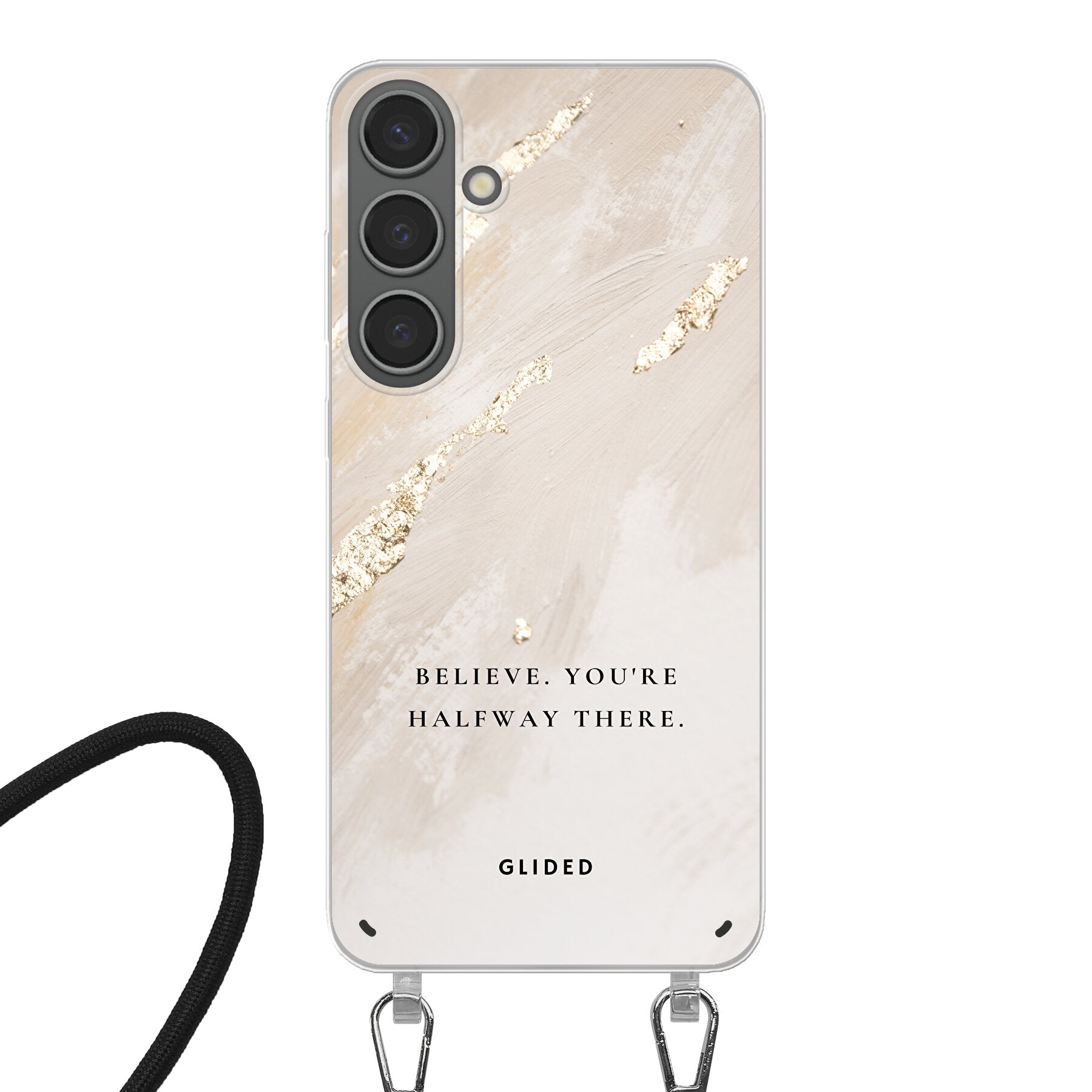 Die 'Believe' Handyhülle für Samsung Galaxy S24 Plus mit inspirierendem Spruch auf ansprechendem Hintergrund, idealer Schutz und motivierendes Design.