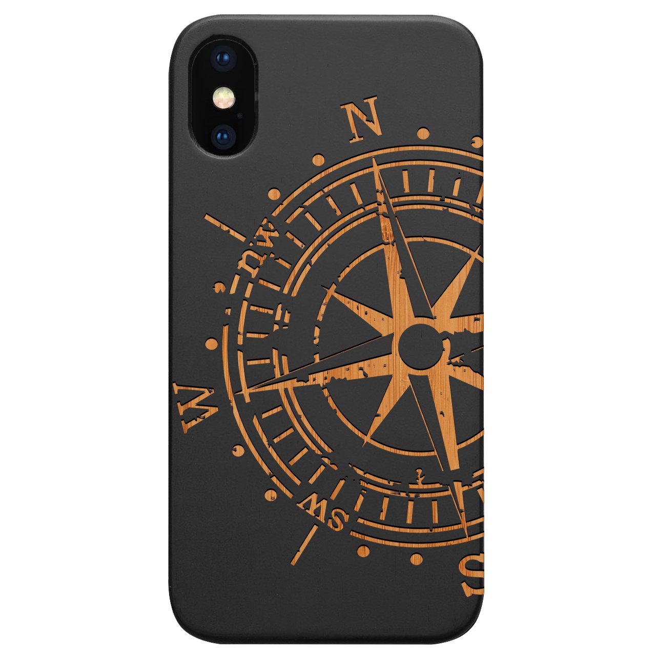 Big Compass - Engraved wooden phone case showcasing unique laser-engraved design and natural wood finish.