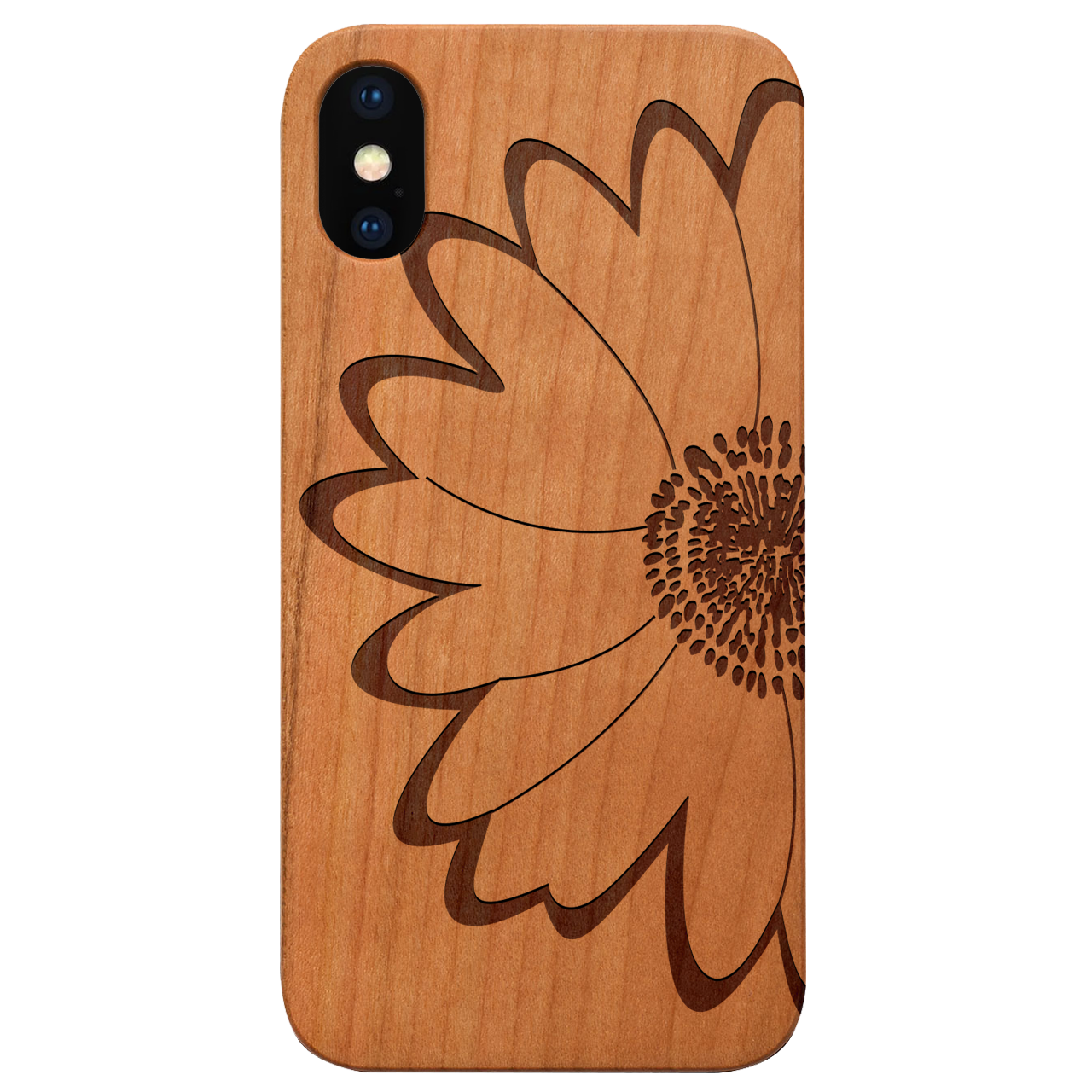Big Flower Engraved wooden phone case showcasing intricate floral design and durable construction.
