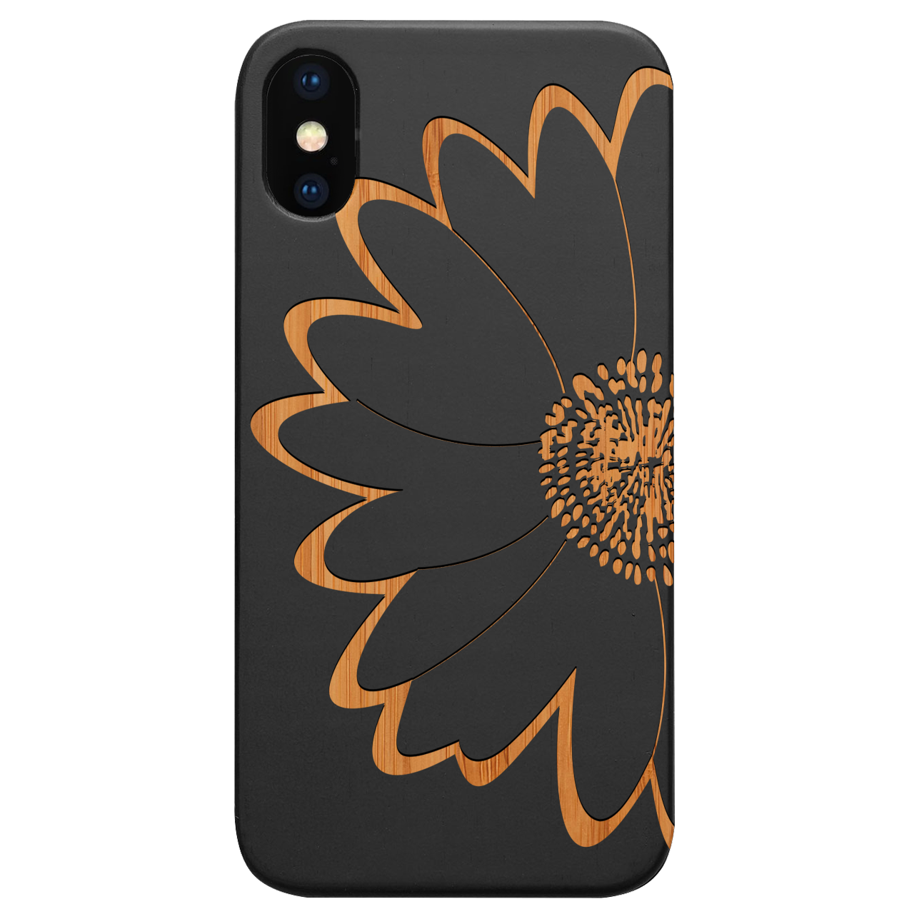Big Flower Engraved wooden phone case showcasing intricate floral design and durable construction.