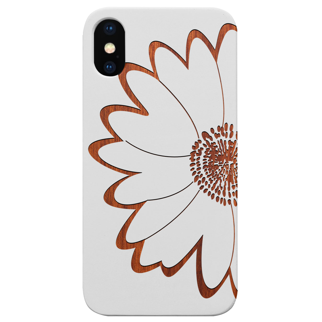 Big Flower Engraved wooden phone case showcasing intricate floral design and durable construction.