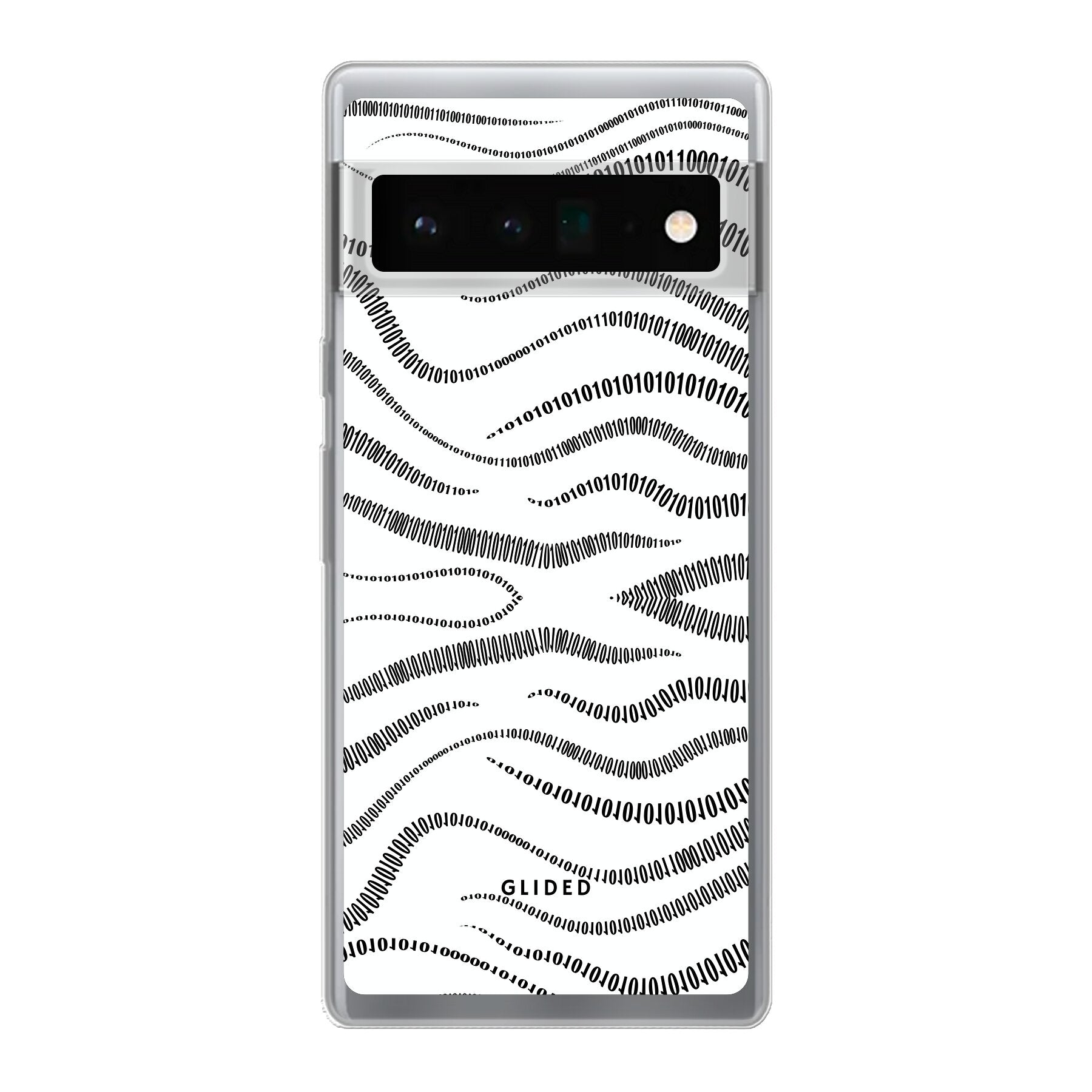 Binary Code Handyhülle für Google Pixel 6 Pro mit minimalistischen 0 und 1 Mustern auf weißem Hintergrund.