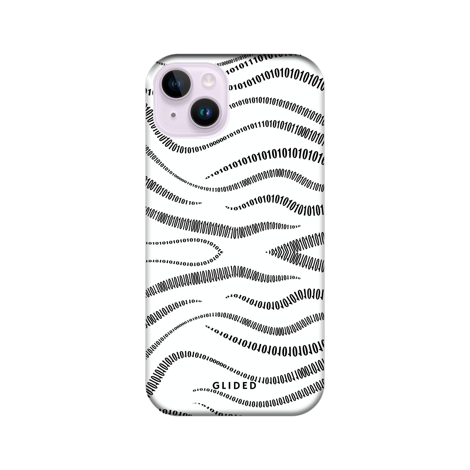 Die 'Binary Code' Handyhülle für iPhone 14 Plus mit minimalistischen Linien aus 0 und 1 auf weißem Hintergrund, idealer Schutz und modernes Design.