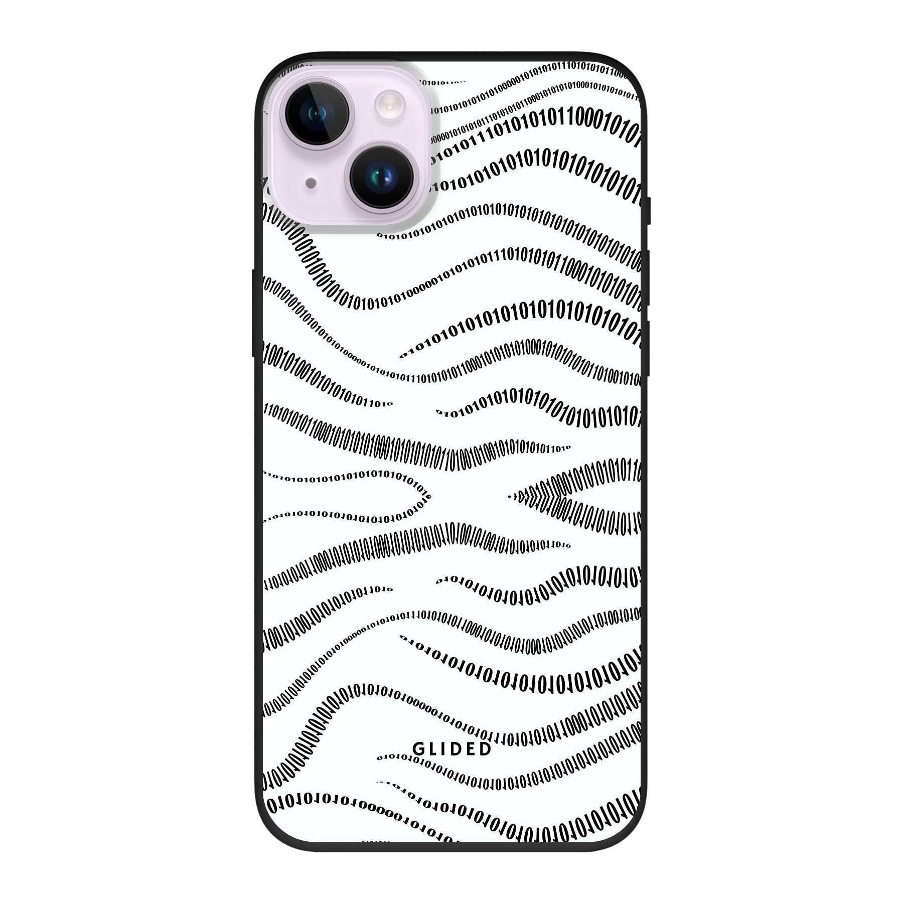 Die 'Binary Code' Handyhülle für iPhone 14 Plus mit minimalistischen Linien aus 0 und 1 auf weißem Hintergrund, idealer Schutz und modernes Design.