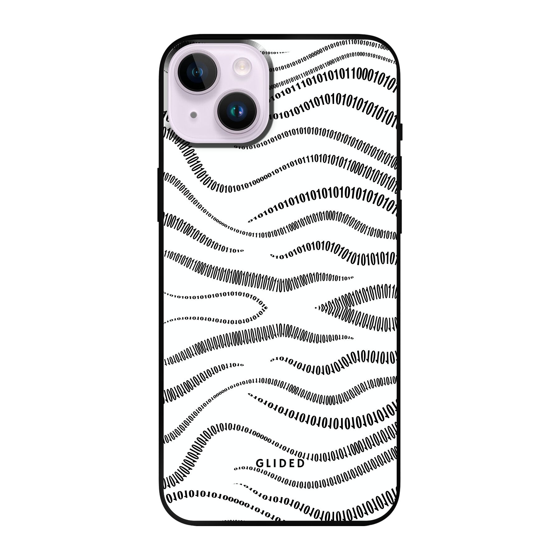 Die 'Binary Code' Handyhülle für iPhone 14 Plus mit minimalistischen Linien aus 0 und 1 auf weißem Hintergrund, idealer Schutz und modernes Design.