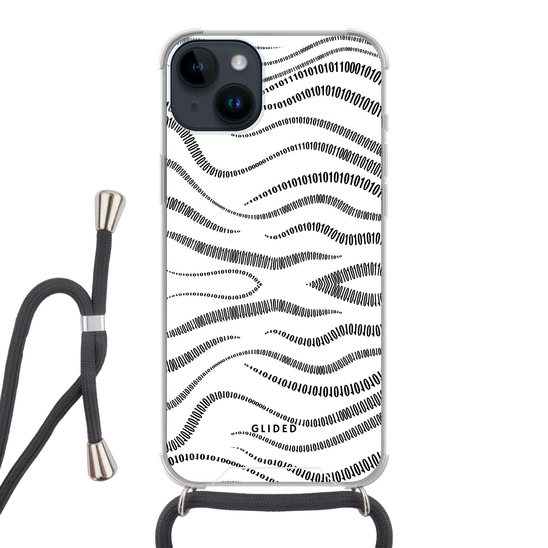 Die 'Binary Code' Handyhülle für iPhone 14 Plus mit minimalistischen Linien aus 0 und 1 auf weißem Hintergrund, idealer Schutz und modernes Design.