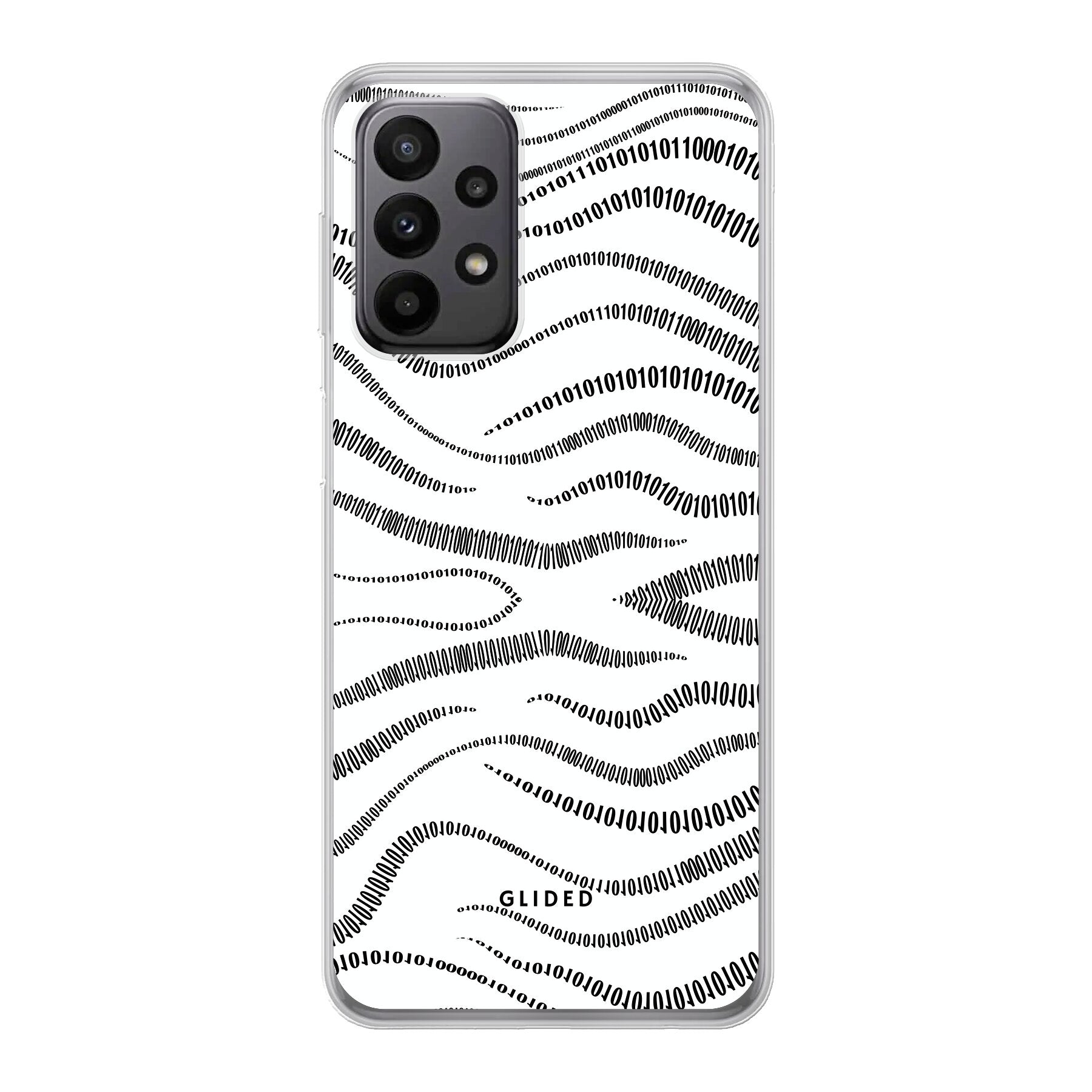 Samsung Galaxy A23 5G Handyhülle mit Binary Code Design, bestehend aus 0 und 1 auf weißem Hintergrund, bietet minimalistischen Schutz.